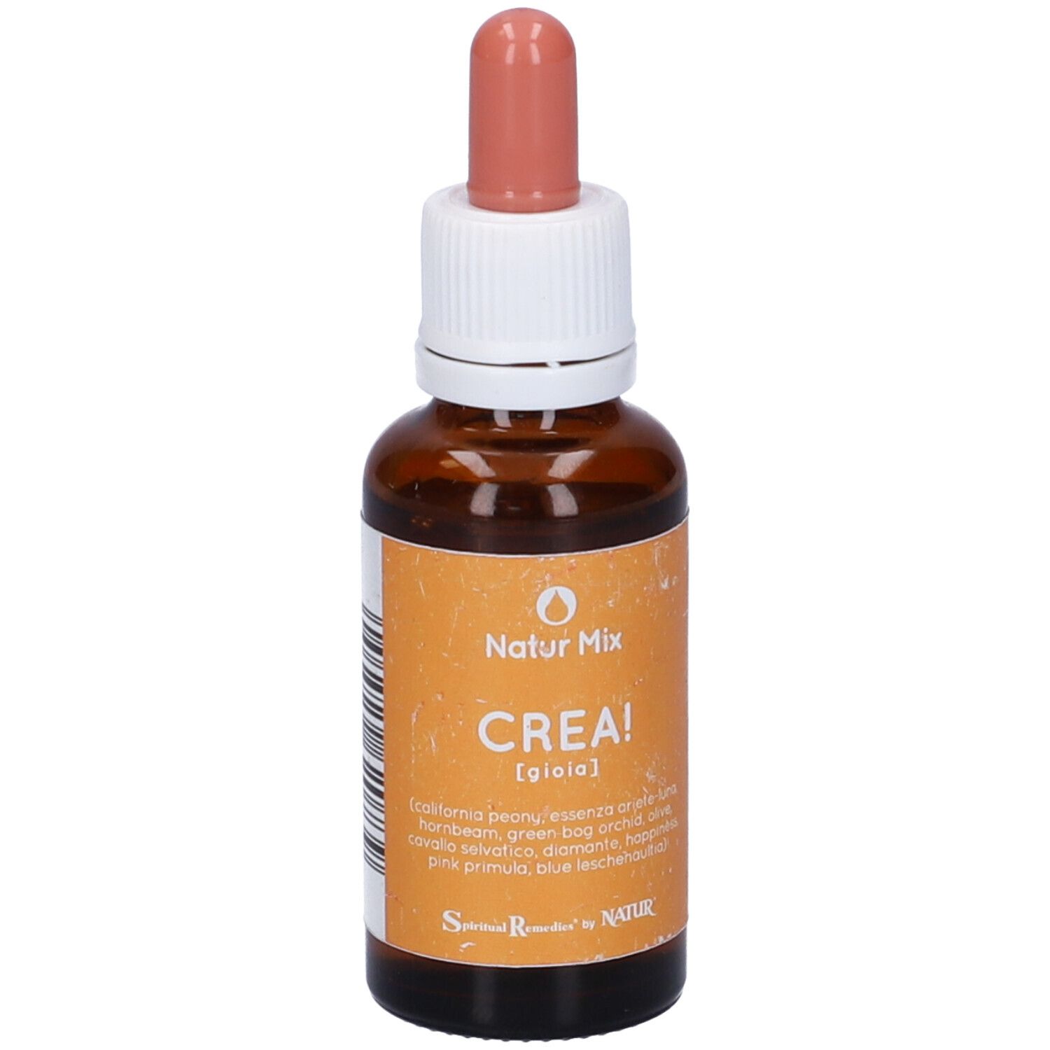 Flacone di vetro marrone con etichetta arancione e contagocce rosso. "Natur Mix Crea!" e ingredienti.