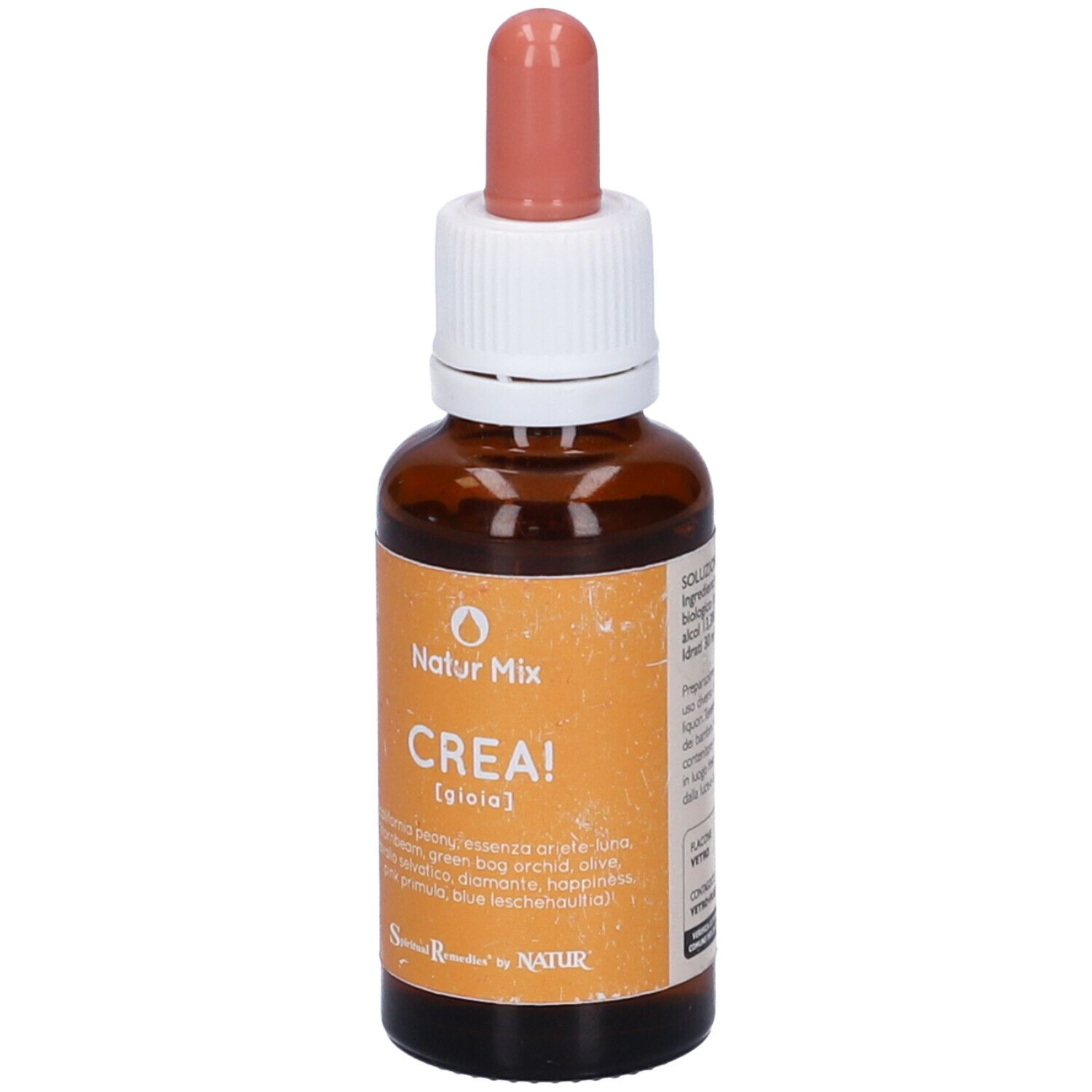 Flacone di vetro marrone con etichetta arancione e contagocce rosso. Testo su ingredienti e uso.