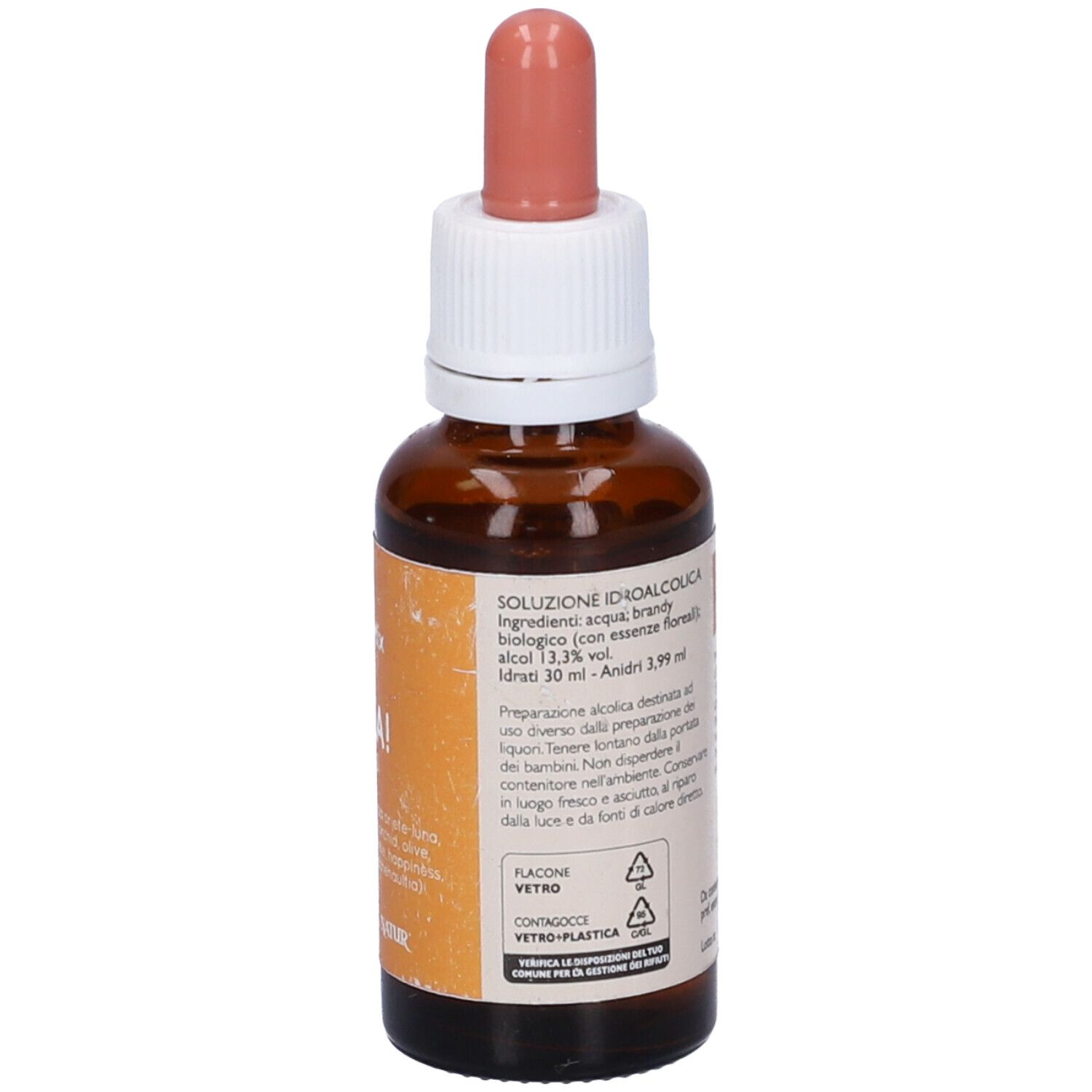 Flacone di vetro marrone con etichetta arancione e contagocce rosso. Testo su ingredienti e istruzioni.