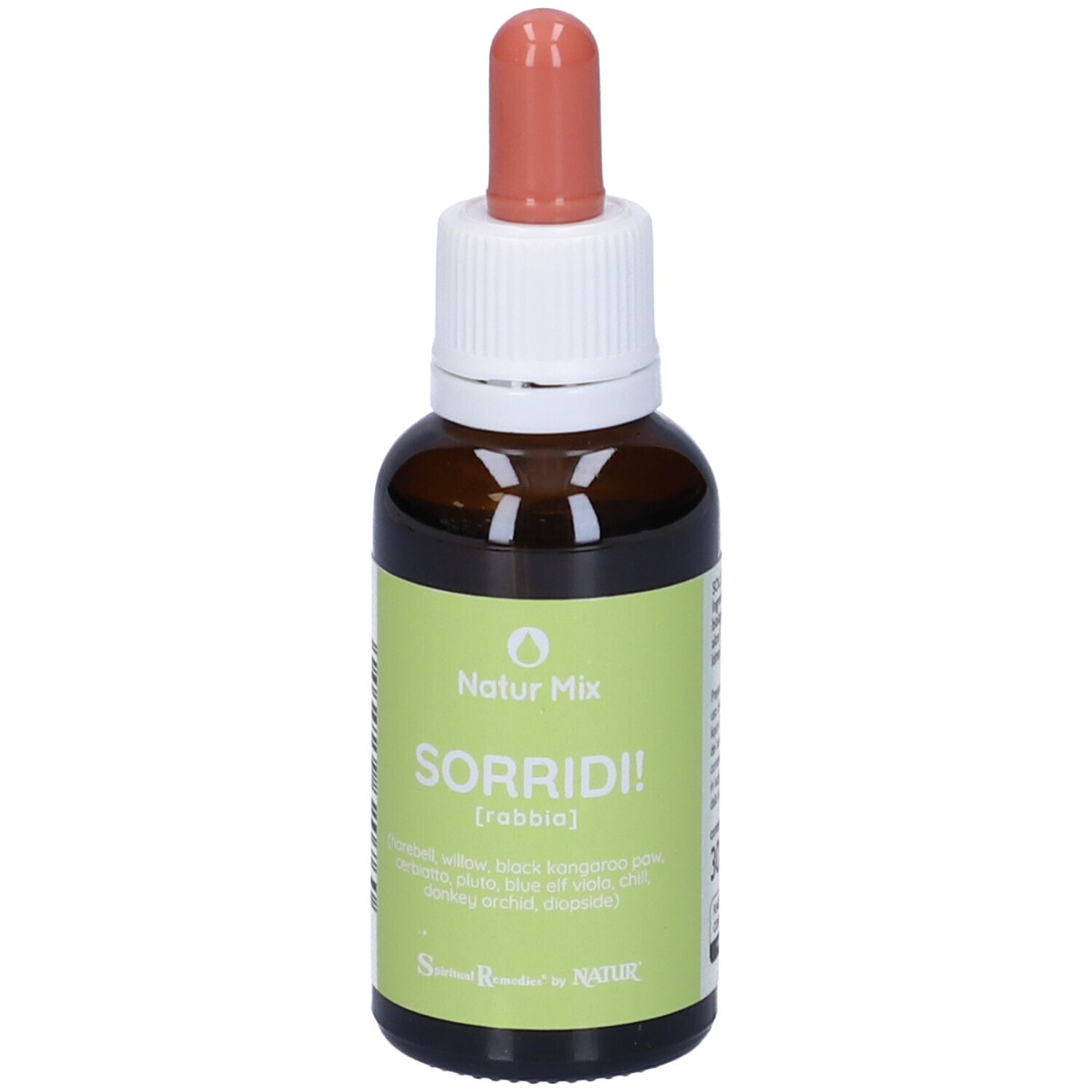 Flacone marrone con contagocce rosso. Scritta Natur Mix, SORRIDI! e ingredienti.