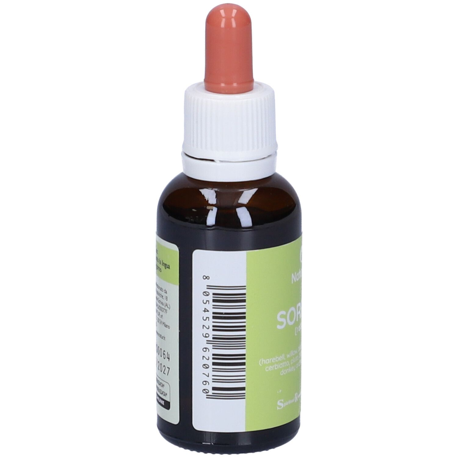 Flacone marrone con contagocce rosso. Retro con informazioni e codice a barre.