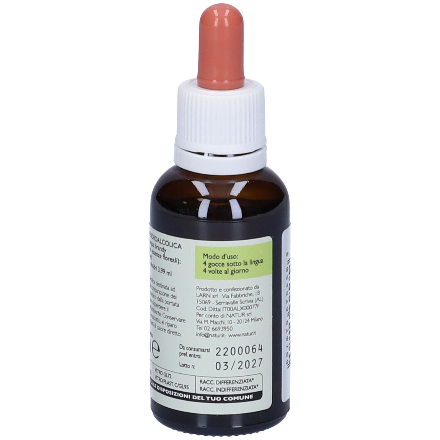 Flacone marrone con contagocce rosso. Retro con informazioni, scadenza e numero di lotto.