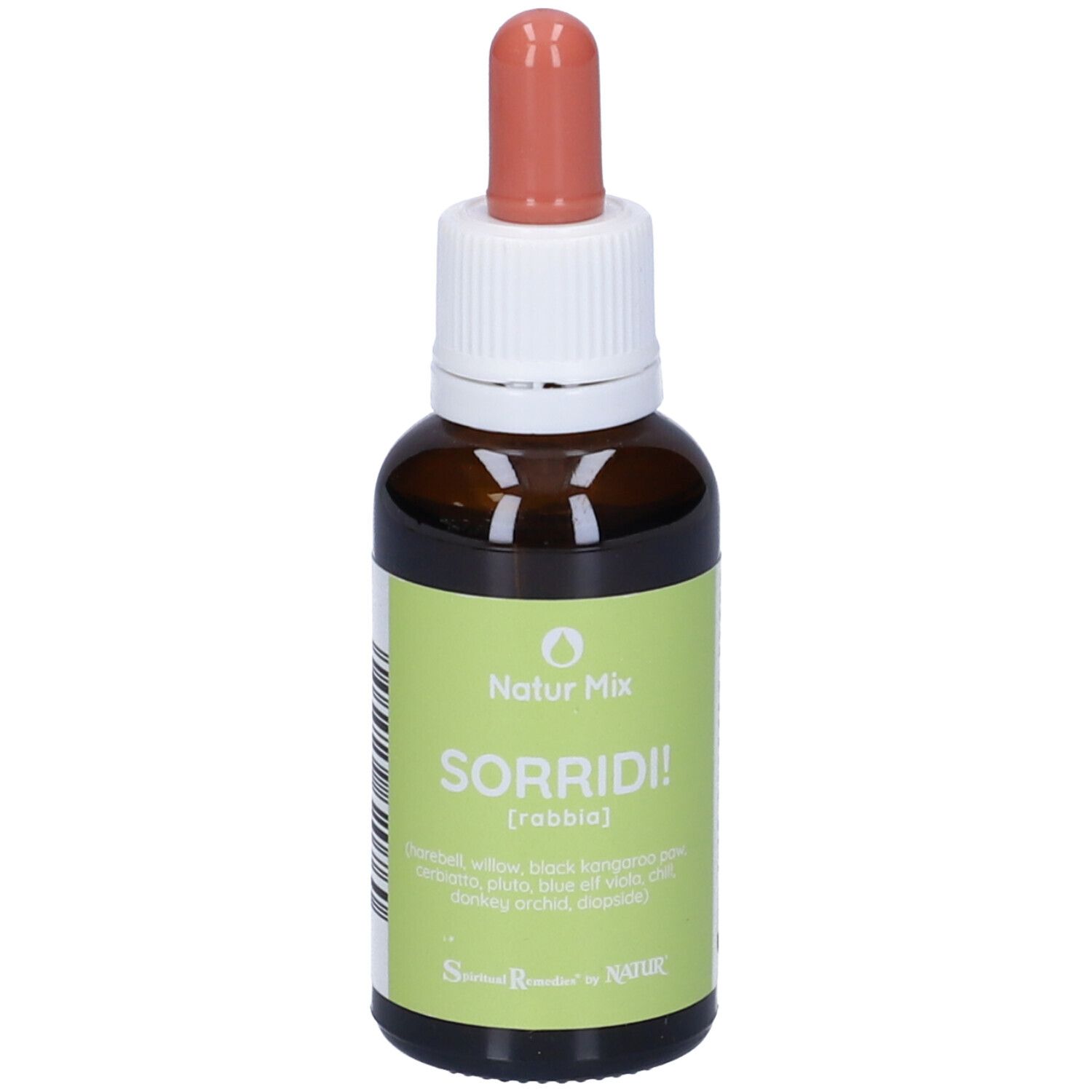 Flacone marrone con contagocce rosso. Scritta Natur Mix, SORRIDI! e ingredienti.
