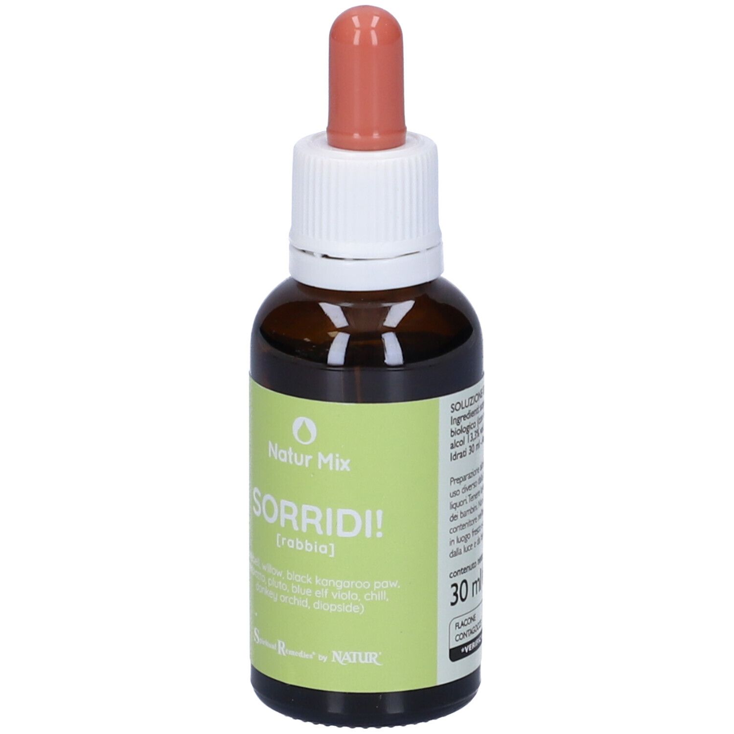 Flacone marrone con contagocce rosso. Scritta SORRIDI! e 30 ml.