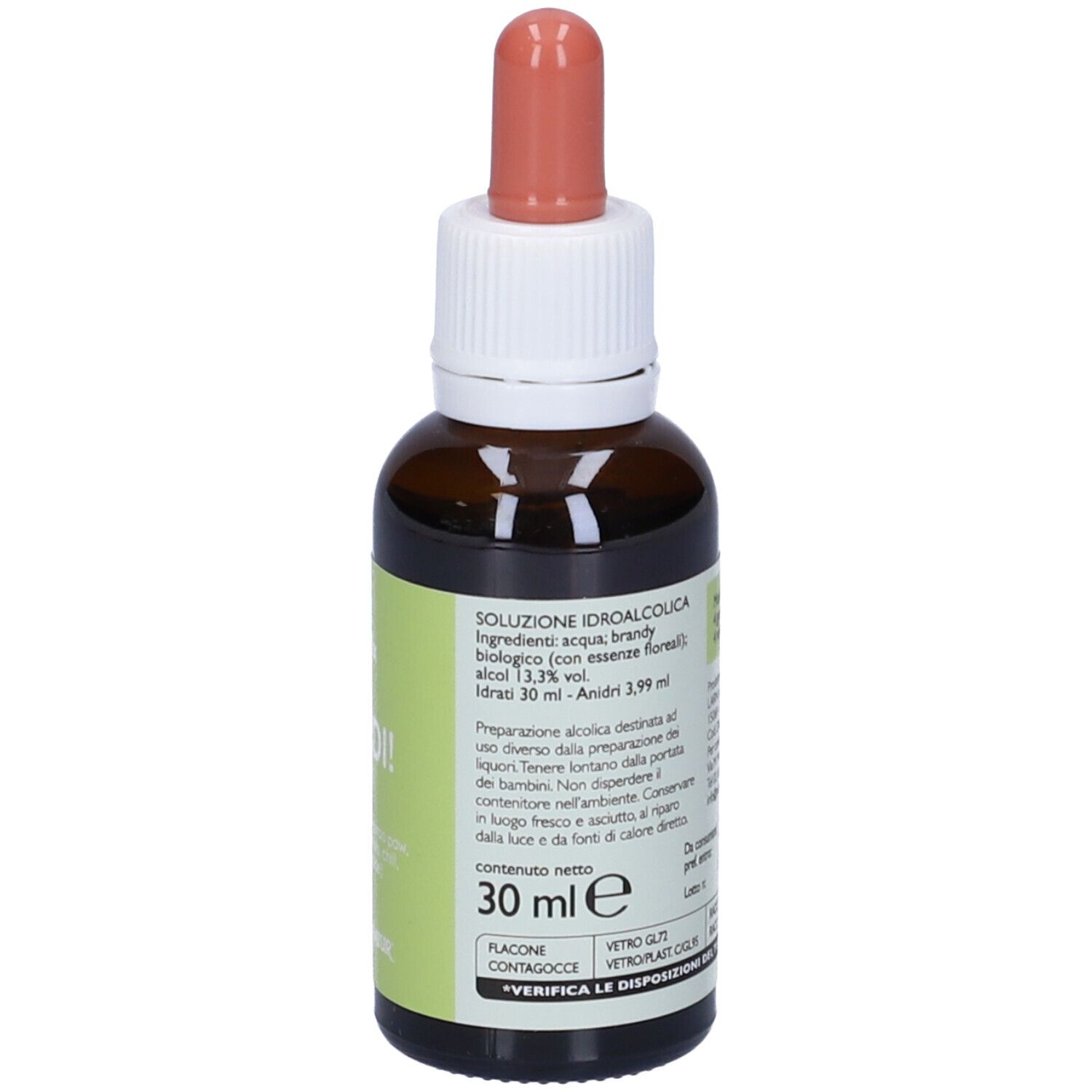 Flacone marrone con contagocce rosso. Scritta 30 ml e ingredienti.