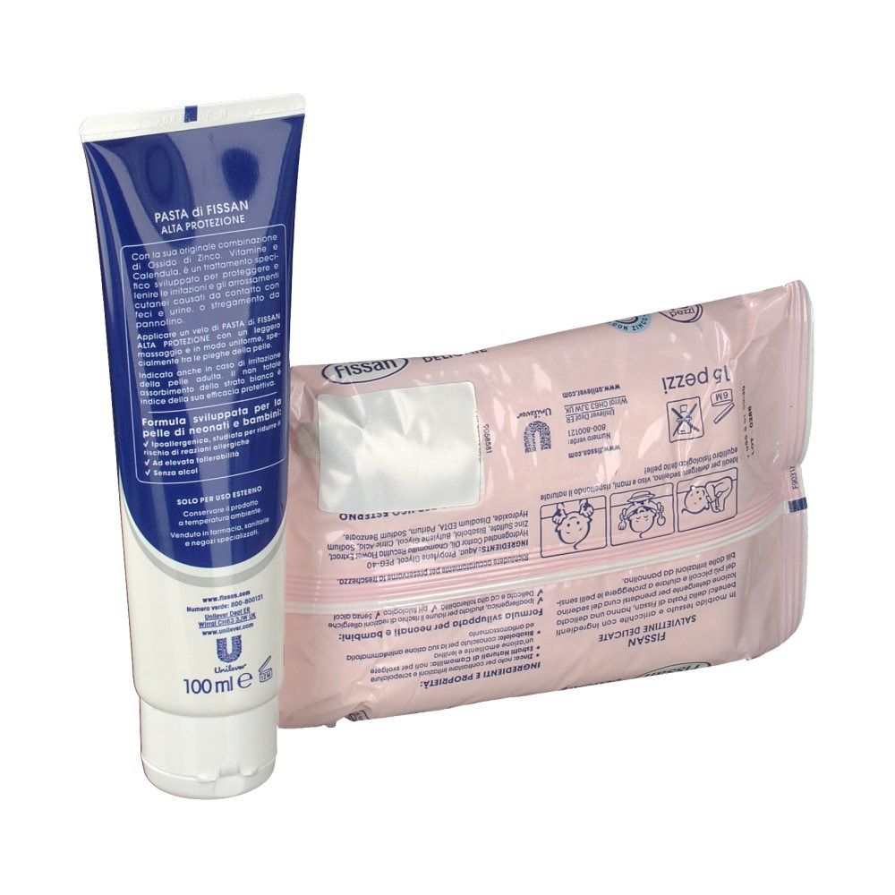 Tubo con tappo blu e confezione di salviettine rosa. Sul tubo c'è scritto "Pasta di Fissan". Sulla confezione c'è scritto "15 pezzi".