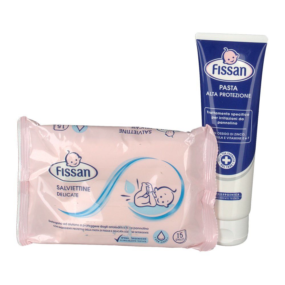 Confezione di salviettine rosa e tubo con tappo blu. Sul tubo c'è scritto "Fissan Pasta". Sulla confezione c'è scritto "Salviettine Delicate".