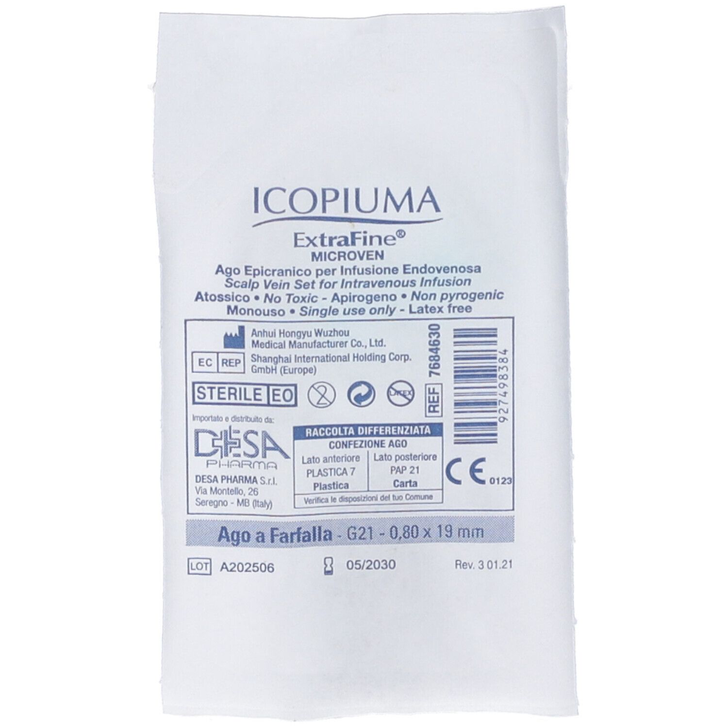 Confezione AGO EXF MICROVEN G21. Testo: Scalp Vein Set, senza lattice, sterile. Marchio CE.