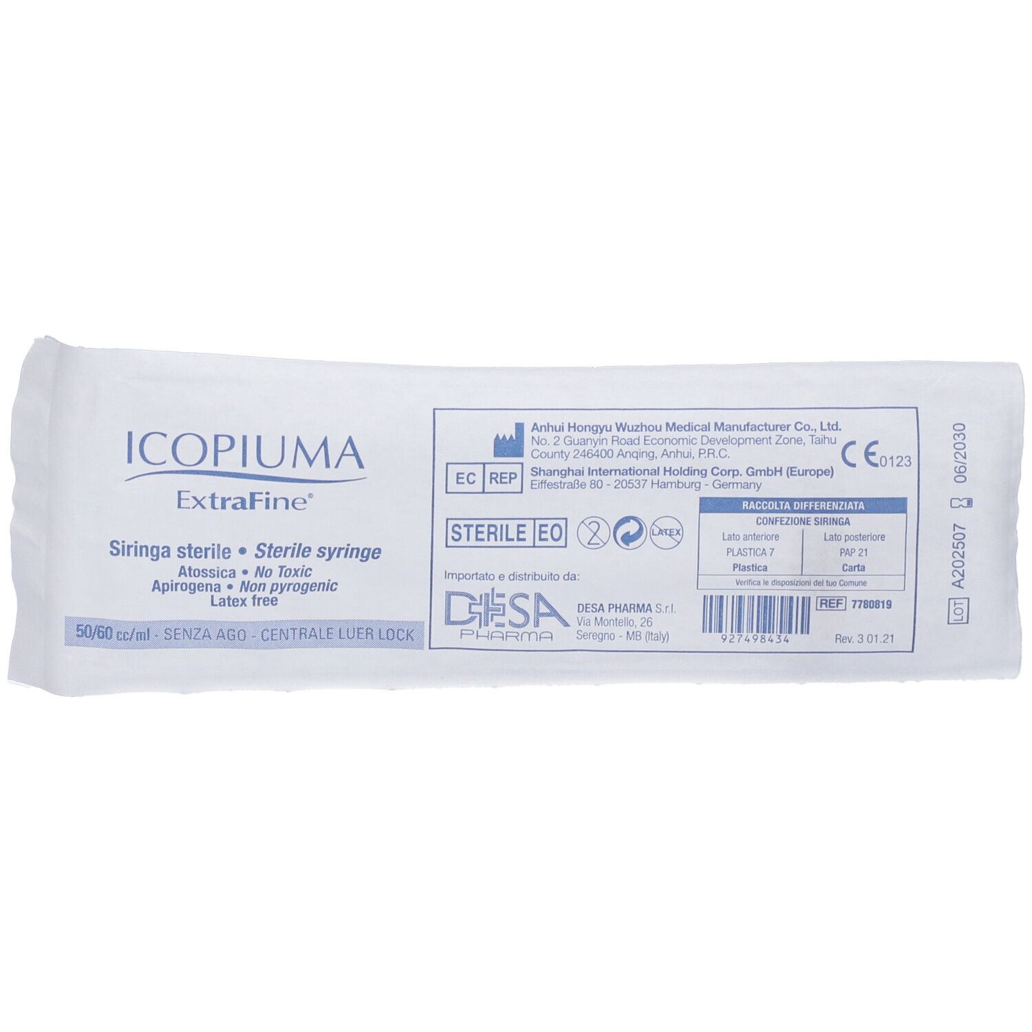 Confezione con scritta: "ICOPLUMA ExtraFine". Sterile, 50/60 ml, senza ago, Luer-Lock centrale. Marchio CE.