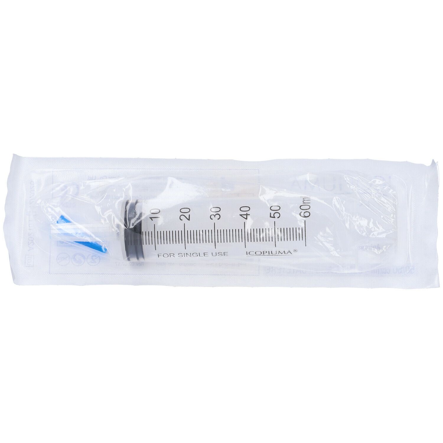 Siringa monouso trasparente in confezione. Pistone nero, punta blu. Scala fino a 60 ml.