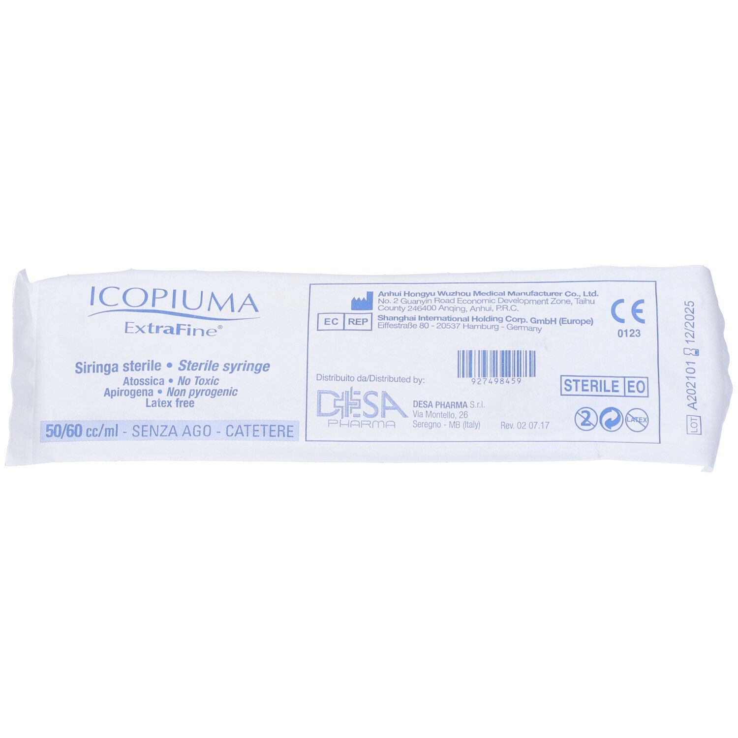 Confezione per siringa sterile. Scritta: ICIOPIUMA ExtraFine, 50/60 ml, SENZA AGO - CATETERE. Sterile.