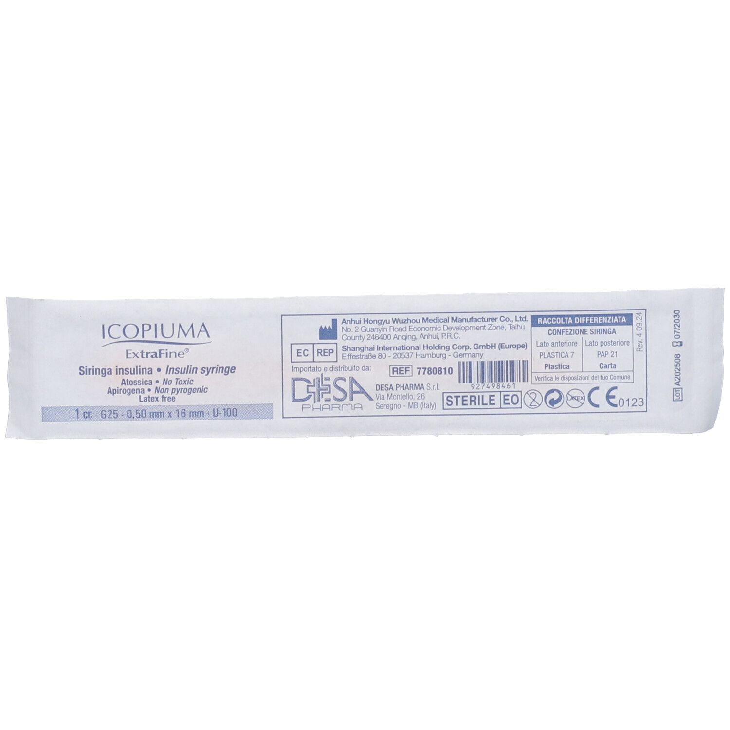 Confezione con informazioni prodotto. Testo: ExtraFine, Siringa Insulina, 1 ml, 0,25 x 16 mm.
