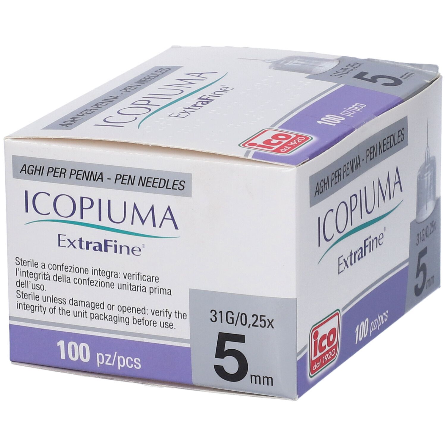 Confezione di aghi ICOPIUMA ExtraFine. 100 pezzi, 5 mm, 31G/0,25x. Logo ICO dal 1920.
