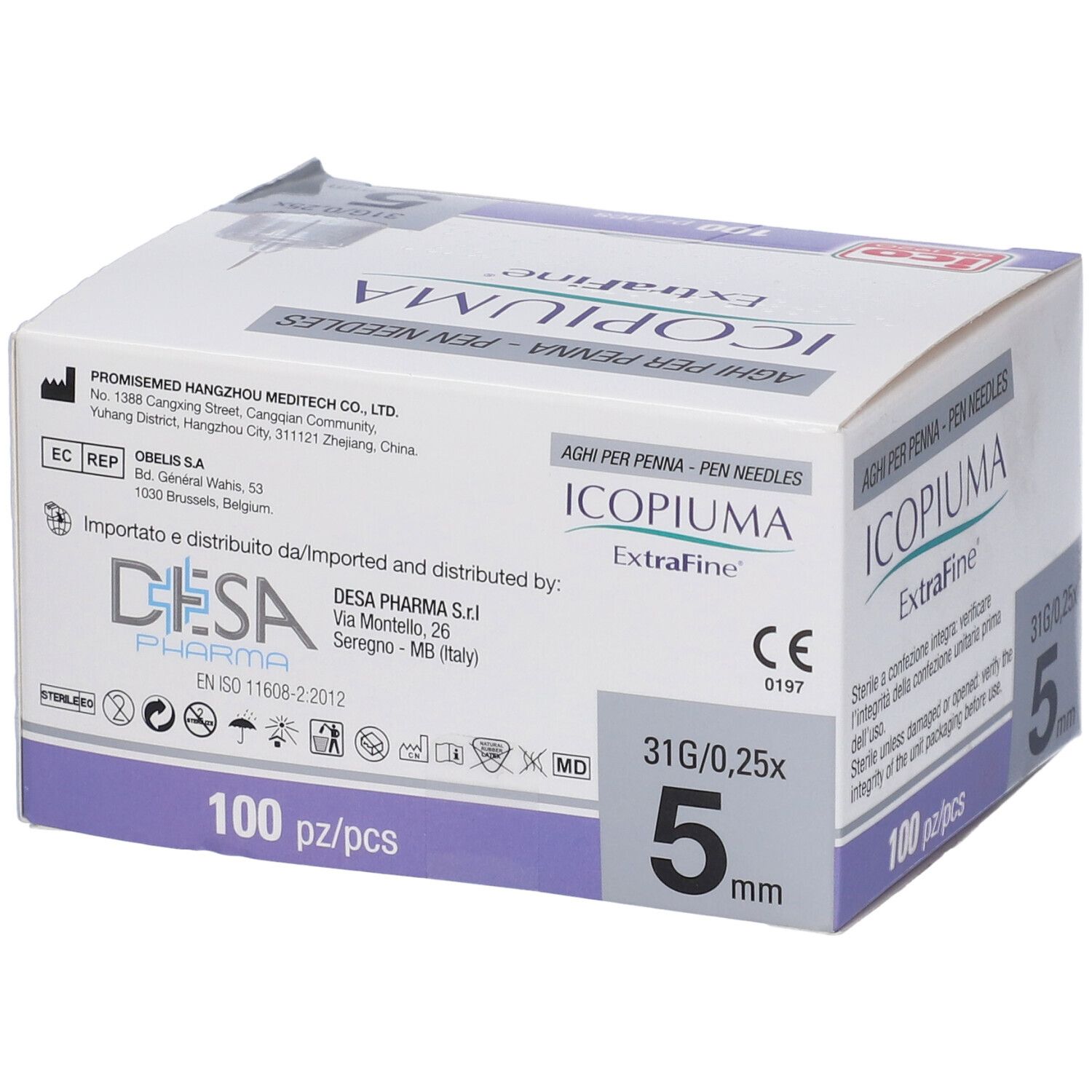 Confezione di aghi ICOPIUMA ExtraFine. 100 pezzi, 5 mm, 31G/0,25x. Marchio CE.