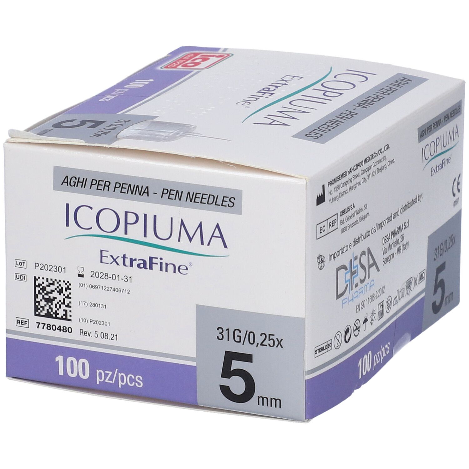 Confezione di aghi ICOPIUMA ExtraFine. 100 pezzi, 5 mm, 31G/0,25x. Logo ICO dal 1920.