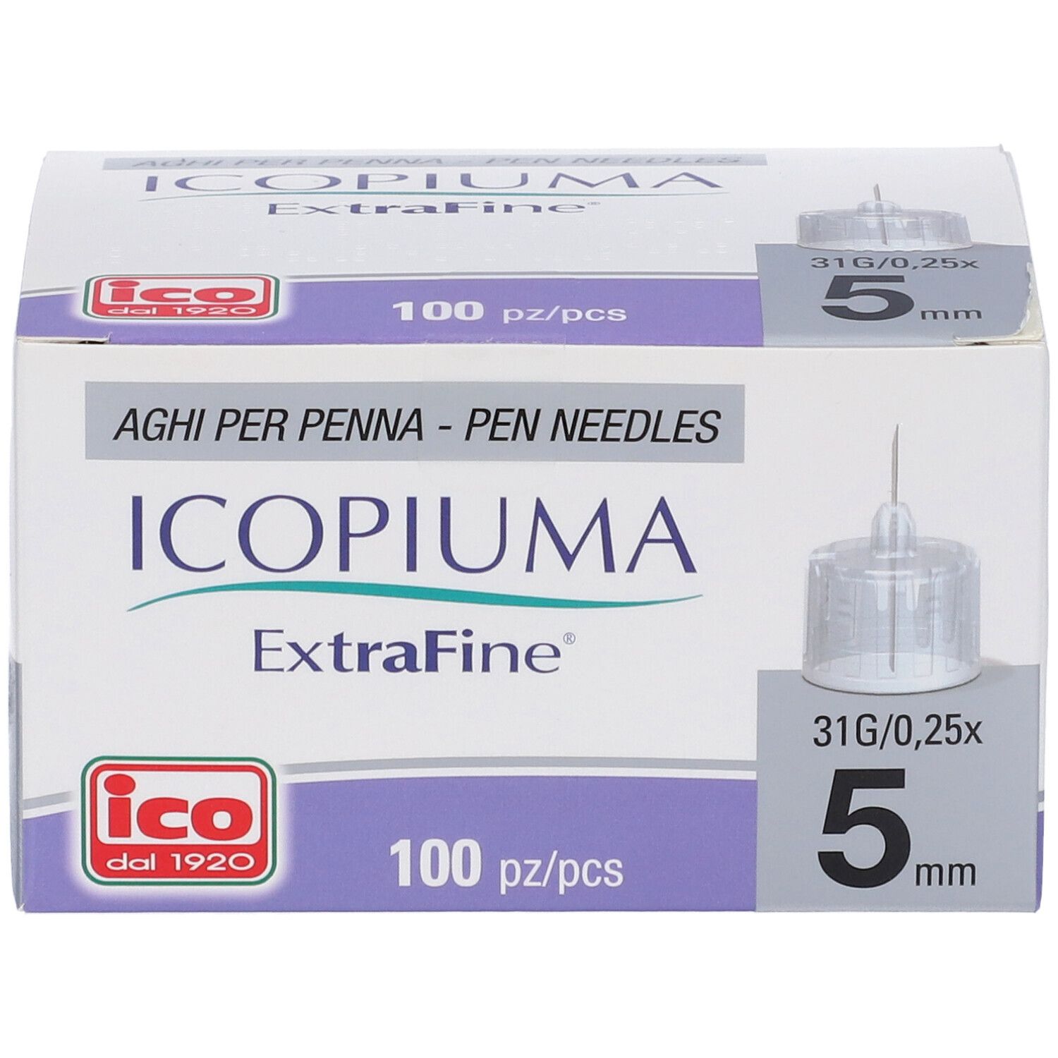 Confezione di aghi ICOPIUMA ExtraFine. 100 pezzi, 5 mm, 31G/0,25x. Logo ICO dal 1920.