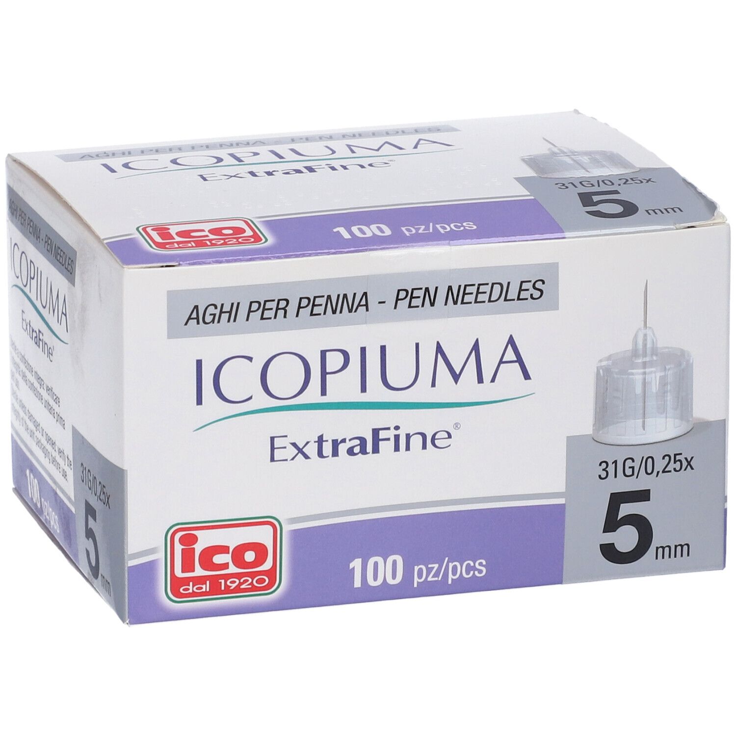Confezione di aghi ICOPIUMA ExtraFine. 100 pezzi, 5 mm, 31G/0,25x. Logo ICO dal 1920.