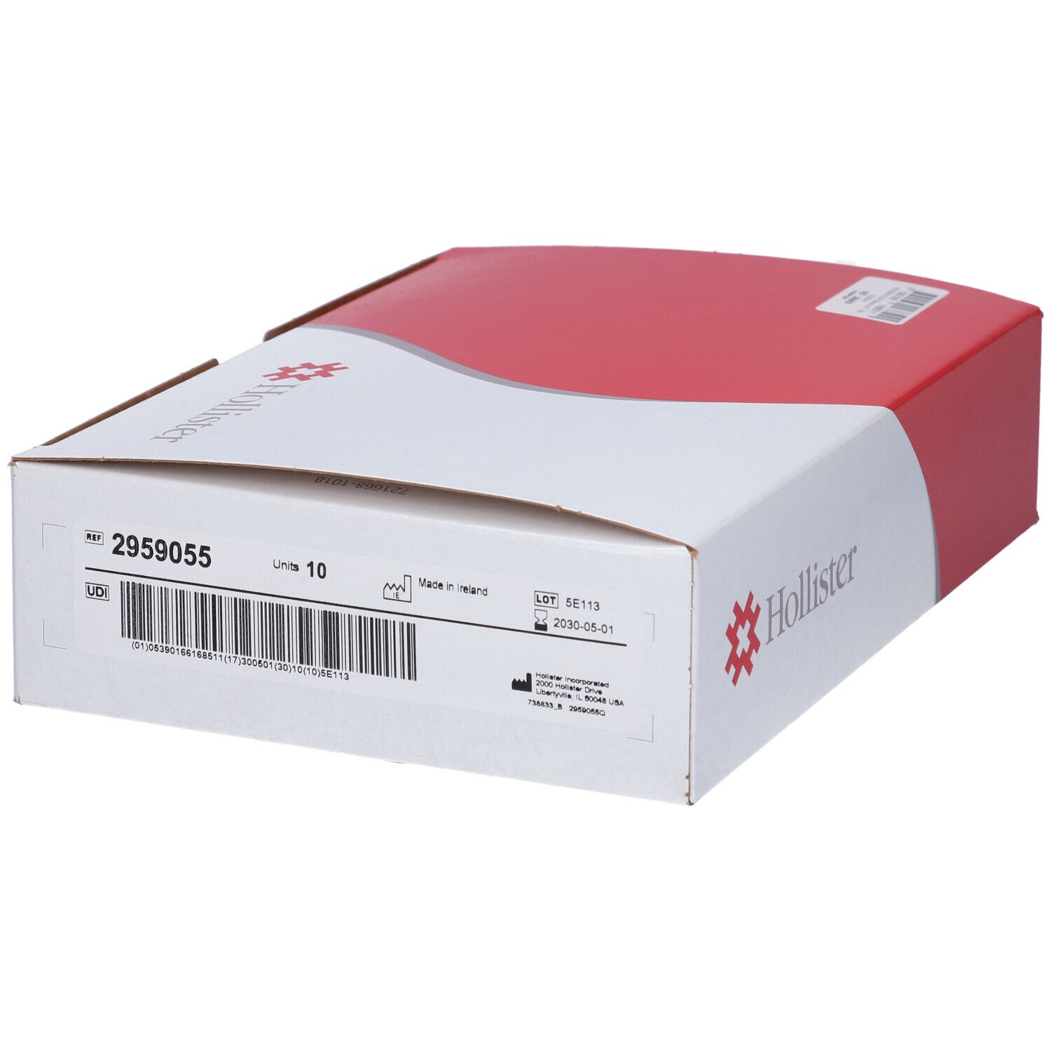 Confezione Hollister, bianca e rossa. Informazioni sul prodotto e logo.