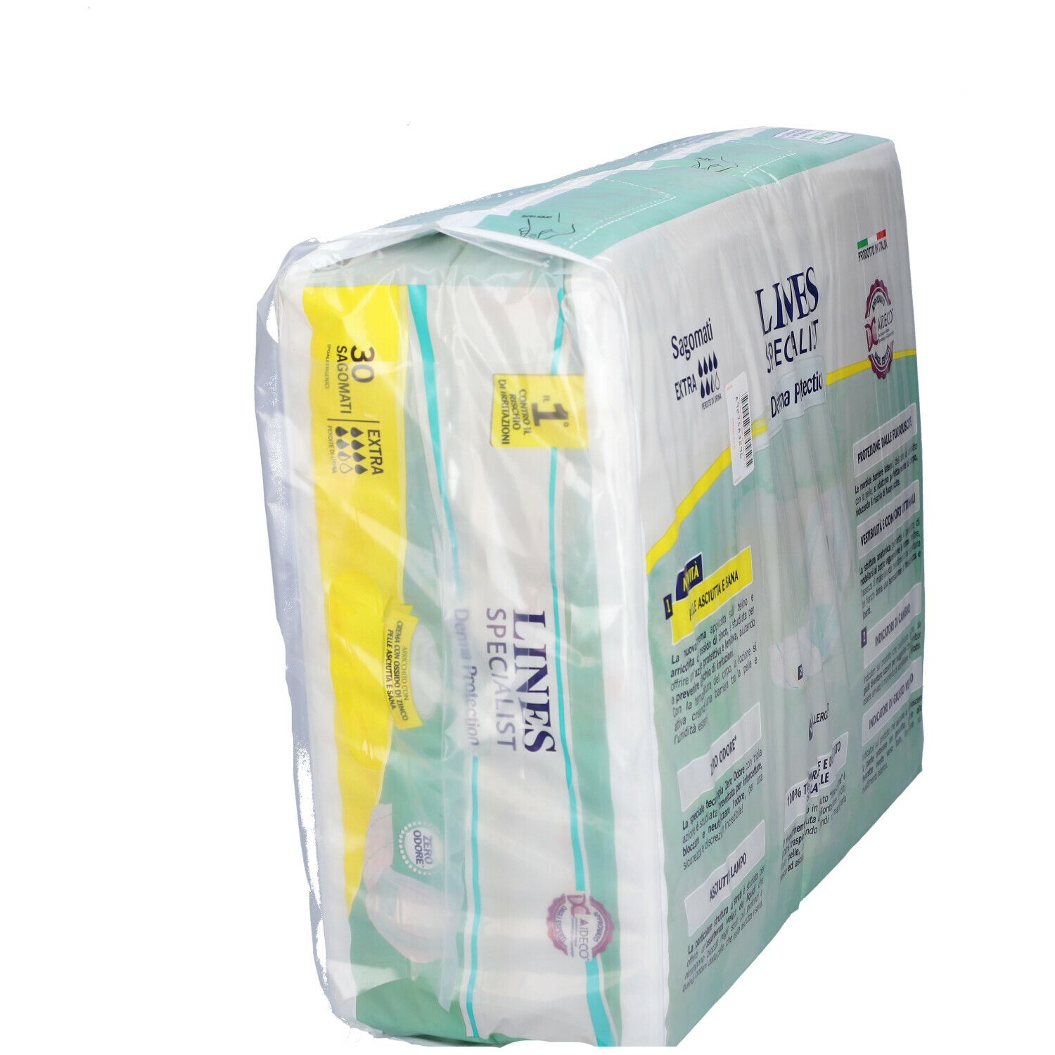 Confezione Lines Specialist Derma Protection. 30 pezzi, extra assorbenza. Vista laterale.