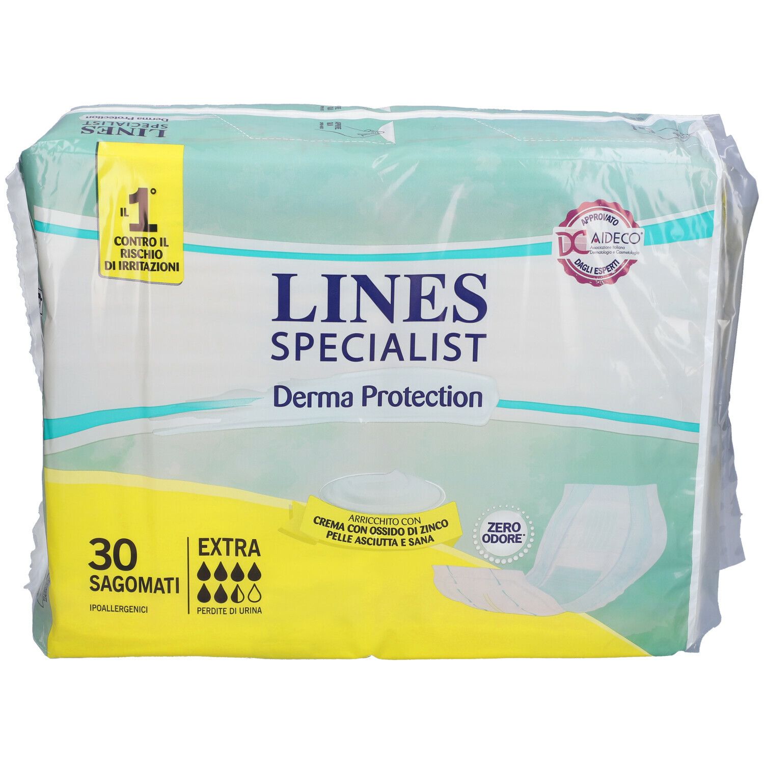 Confezione Lines Specialist Derma Protection. 30 pezzi, extra assorbenza. Immagine del prodotto e loghi.