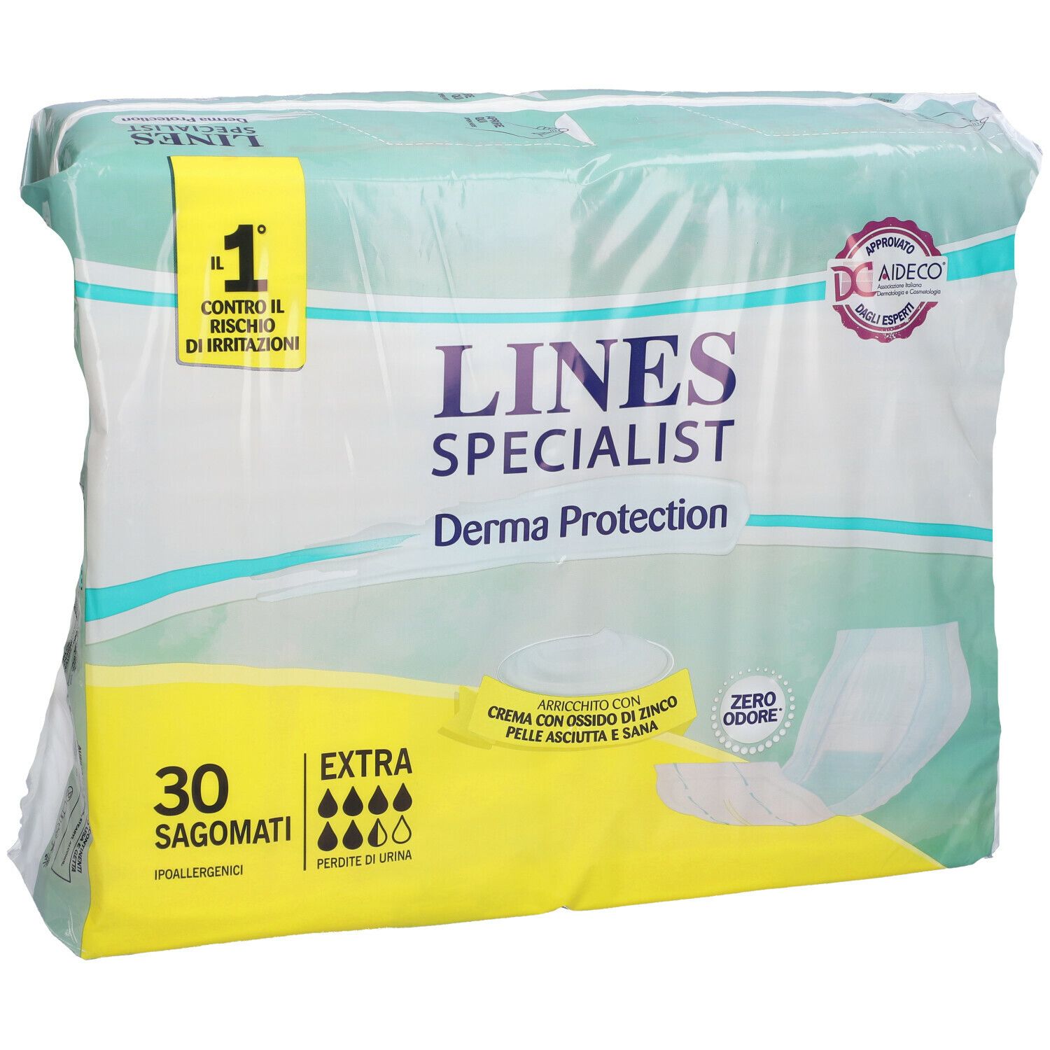 Confezione Lines Specialist Derma Protection. 30 pezzi, extra assorbenza. Immagine del prodotto e loghi.