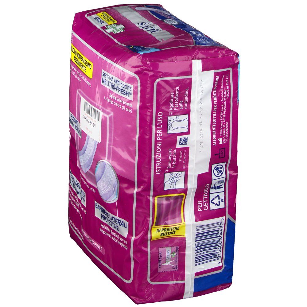 Retro della confezione di assorbenti. Design rosa e bianco. Testo: LINES SPECIALIST, 'Nuovo', 'ultra assorbente'. Istruzioni per l'uso.