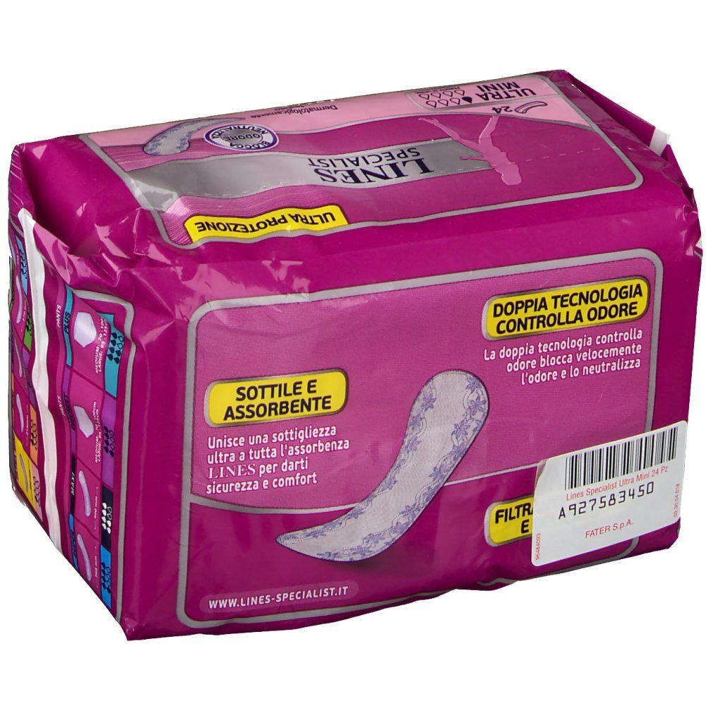Retro della confezione LINES Specialist Ultra Mini. Rosa, con immagine del prodotto e testo. Contiene informazioni sulla tecnologia.