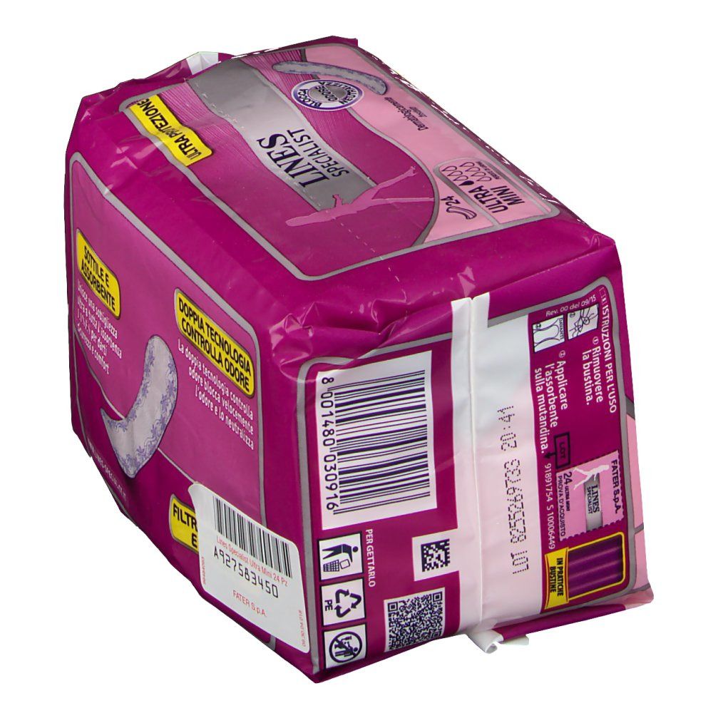 Vista laterale della confezione LINES Specialist Ultra Mini. Rosa, con codice a barre, testo e immagine del prodotto. Contiene informazioni.