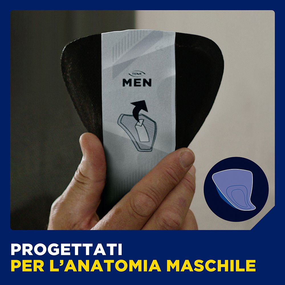 Scudo nero con confezione. Logo TENA MEN. Progettato per l'anatomia maschile.
