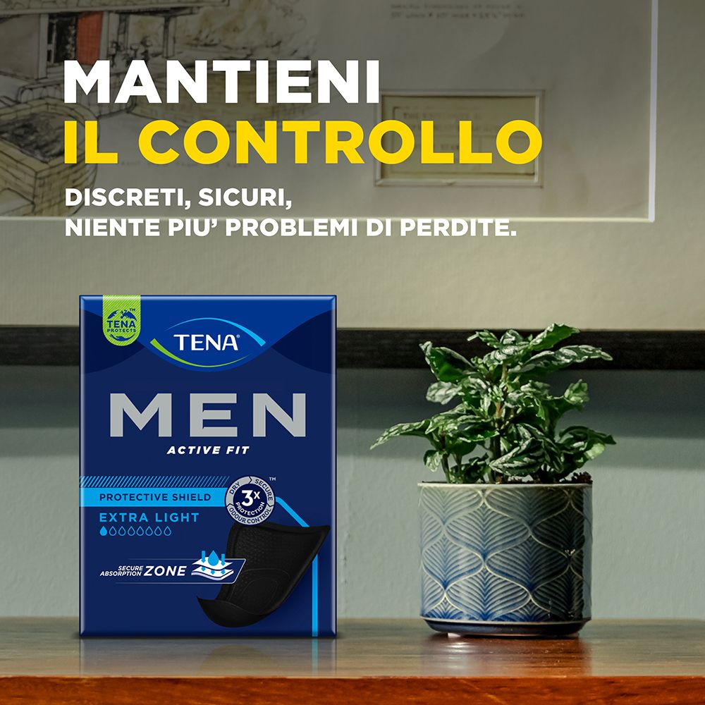 Confezione TENA MEN e pianta. Controllare, discreti, sicuri. Niente più problemi.
