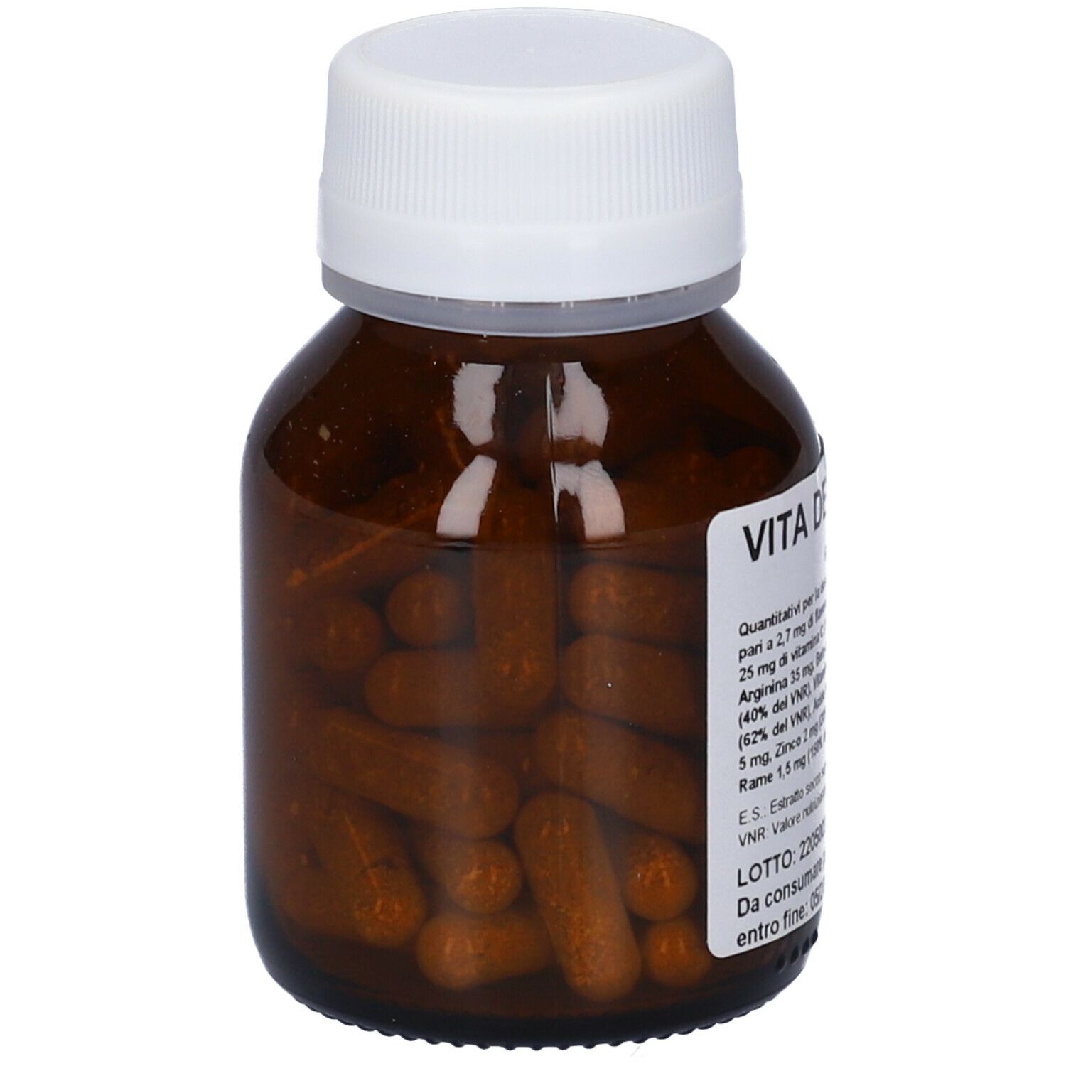 Flacone di vetro marrone con tappo bianco, pieno di capsule marroni. L'etichetta indica Vita Deg.