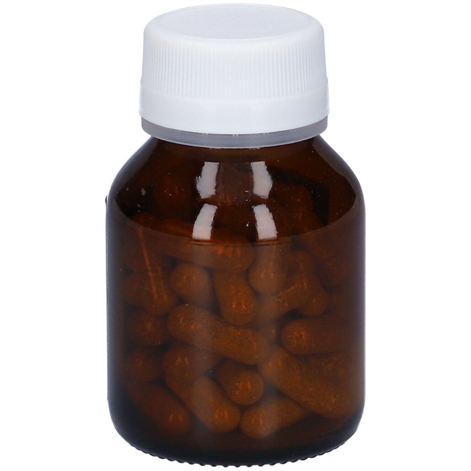 Flacone di vetro marrone con tappo bianco, pieno di capsule marroni. L'etichetta indica Vita Deg.