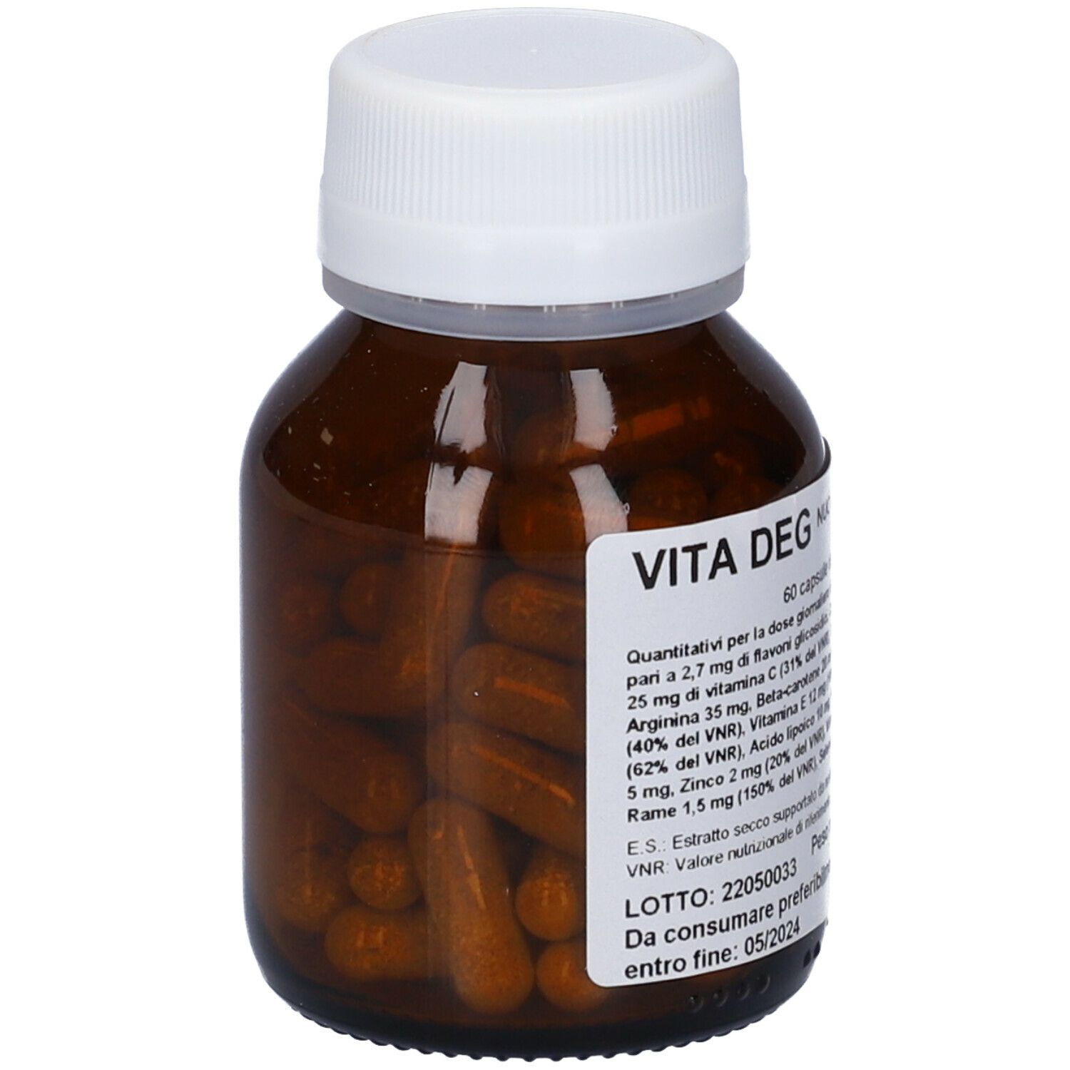 Flacone di vetro marrone con tappo bianco, pieno di capsule marroni. L'etichetta indica Vita Deg.