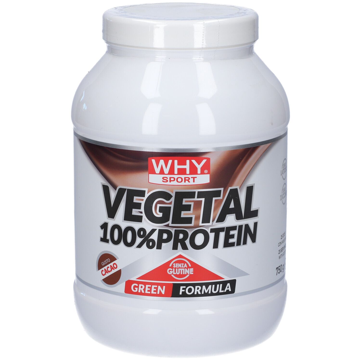 Barattolo bianco con coperchio. Scritta: Vegetal 100% Protein, Cacao. Senza glutine. Marchio: Why Sport.