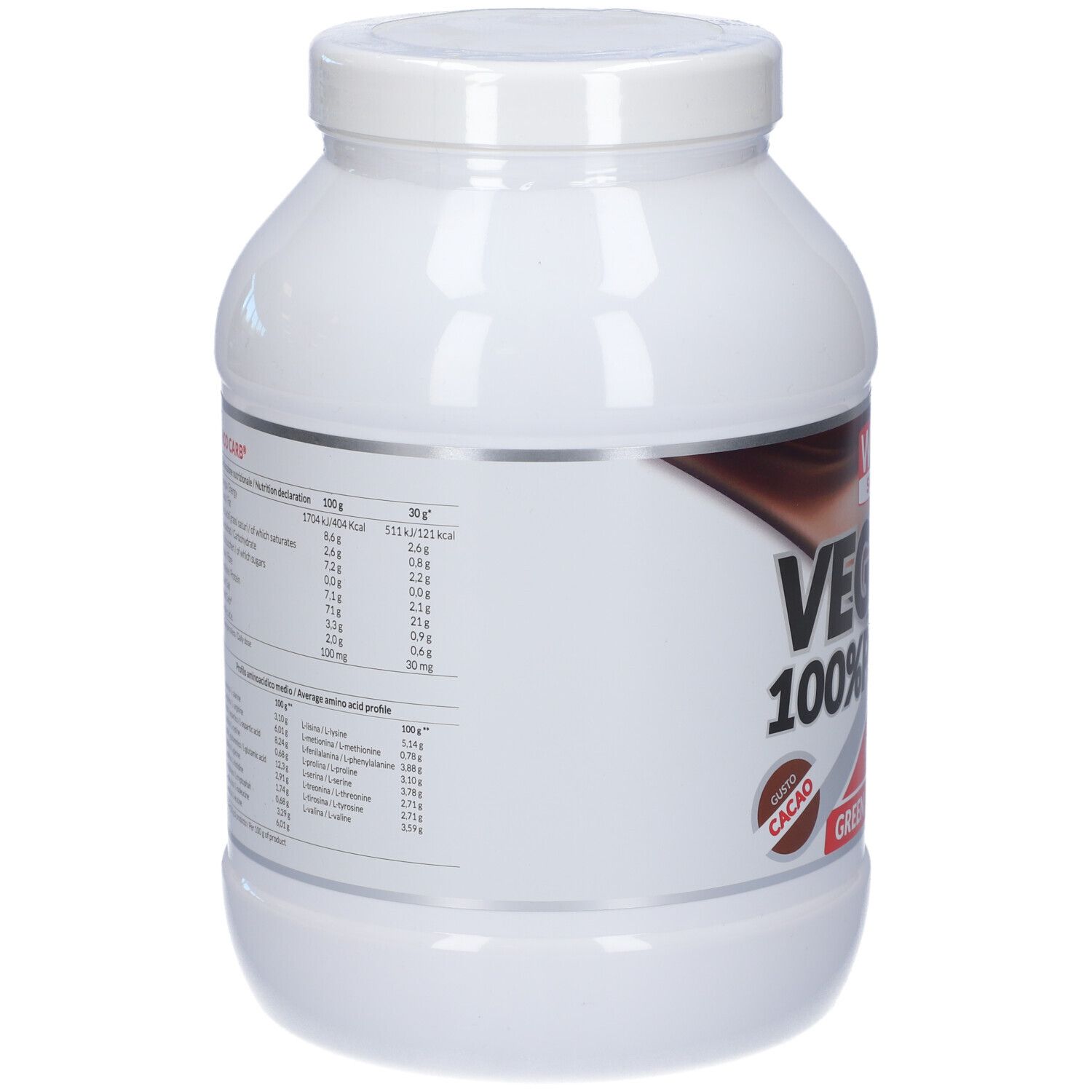 Barattolo bianco con coperchio. Retro con informazioni nutrizionali e profilo aminoacidico. Testo in italiano.