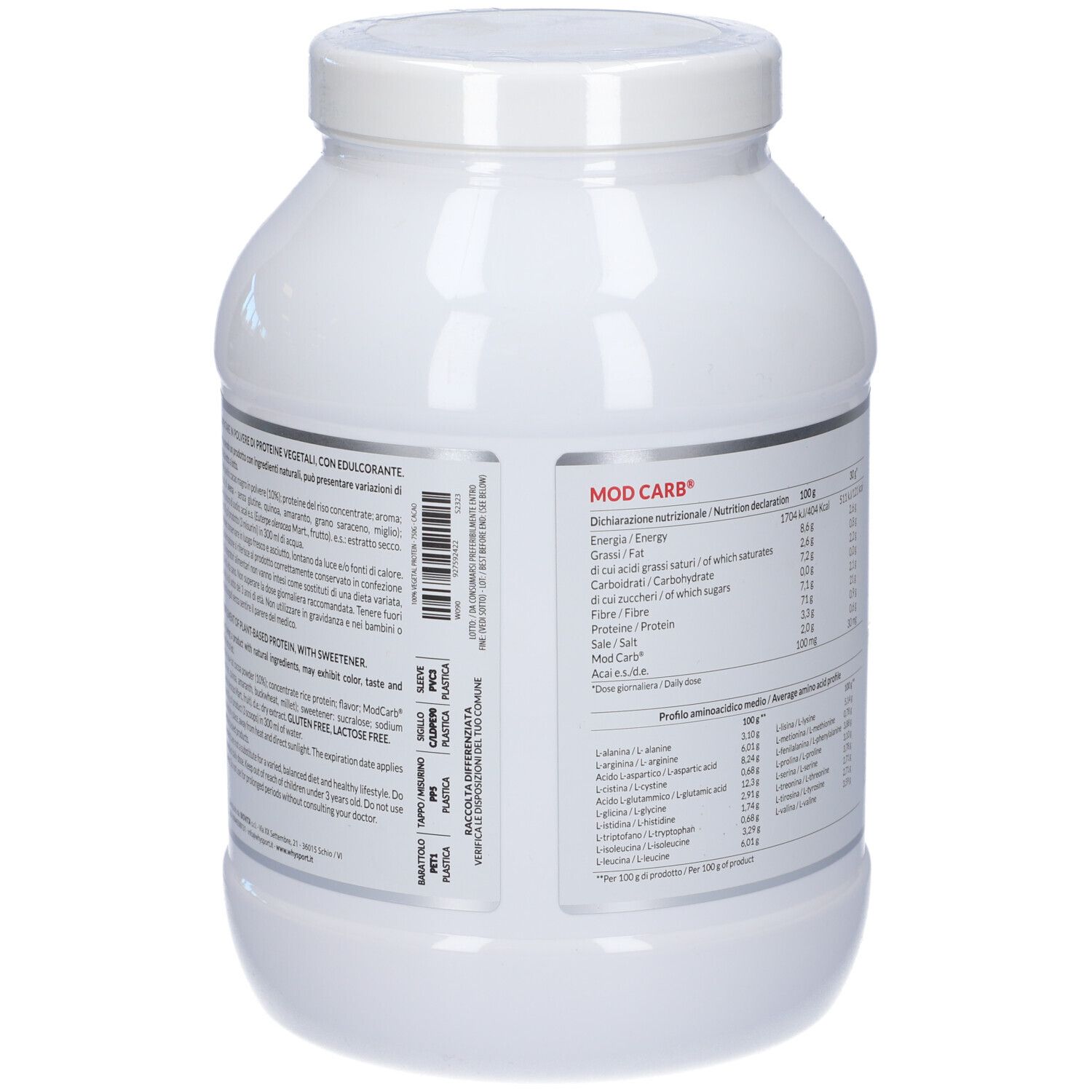 Barattolo bianco con coperchio. Retro con informazioni nutrizionali e ingredienti. Testo in italiano.