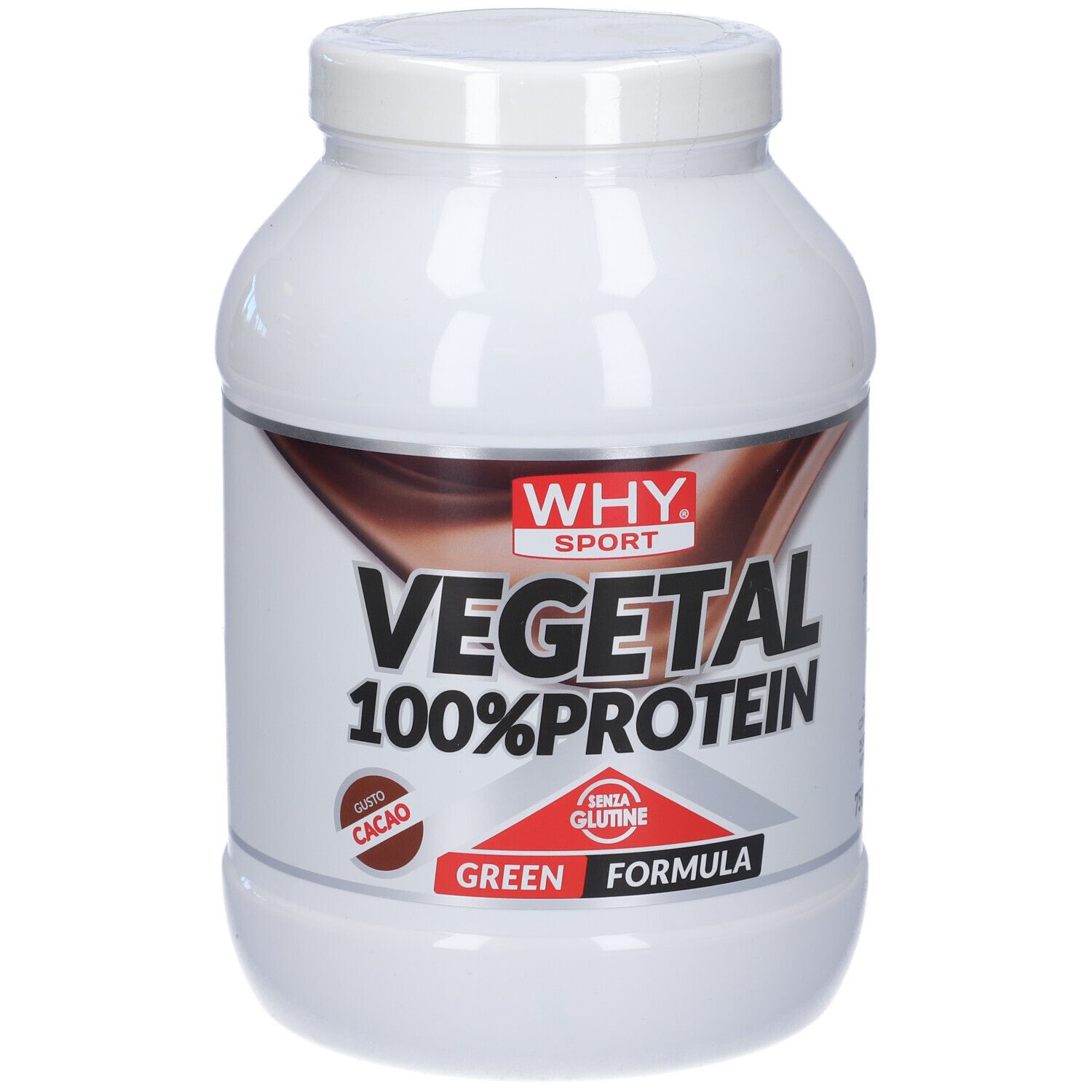Barattolo bianco con coperchio. Scritta: Vegetal 100% Protein, Cacao. Senza glutine. Marchio: Why Sport.