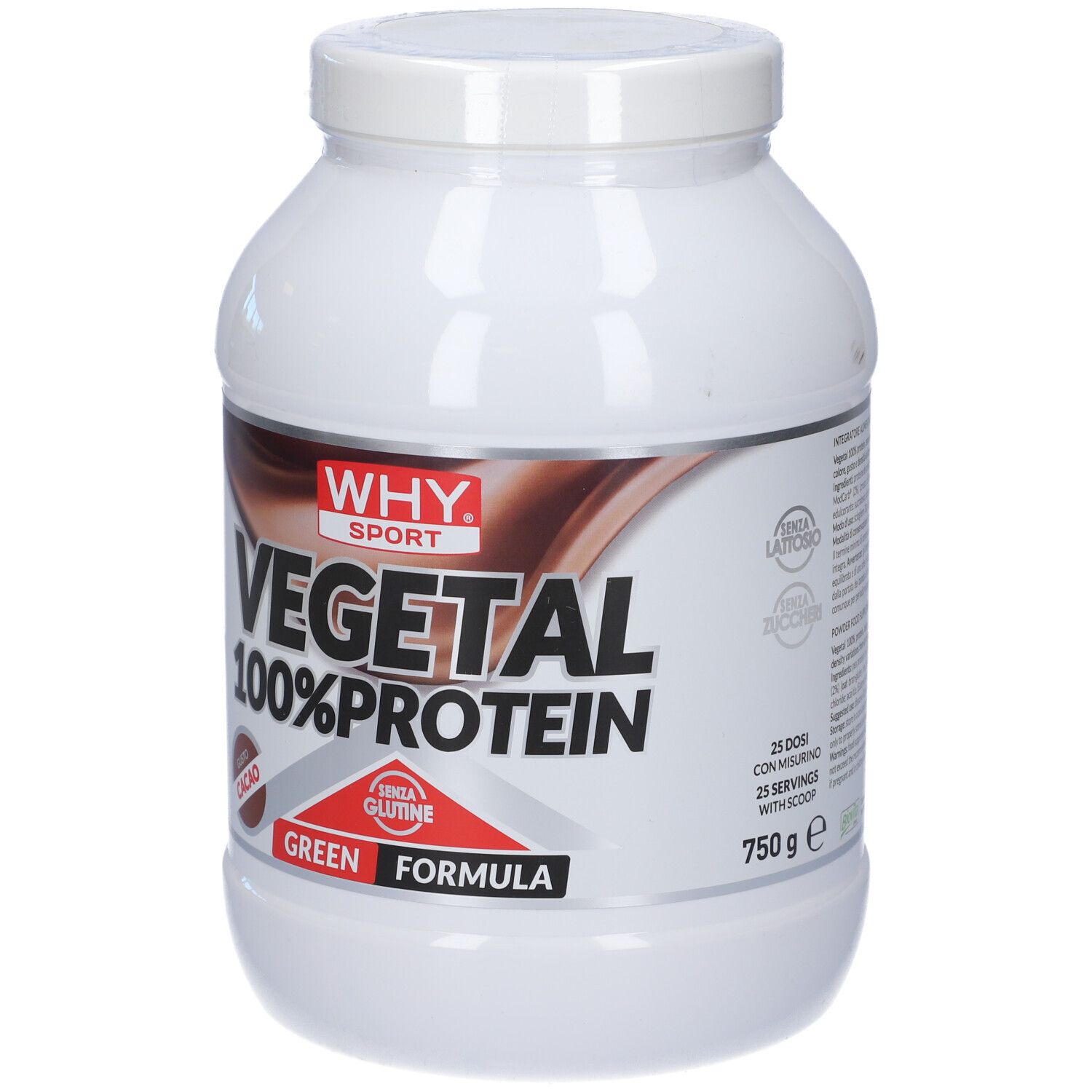 Barattolo bianco con coperchio. Scritta: Vegetal 100% Protein, Cacao. Senza glutine. 750g. Marchio: Why Sport.