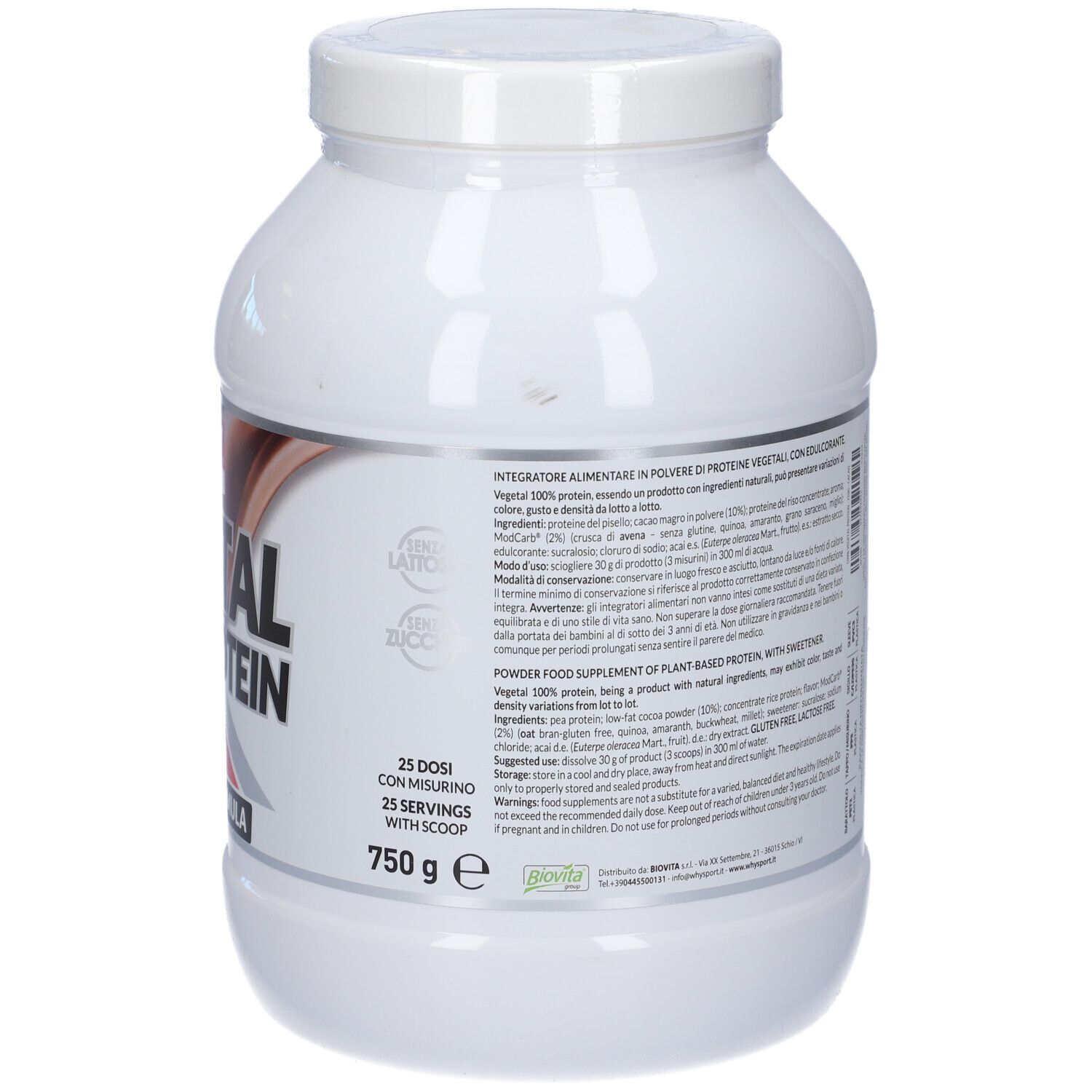 Barattolo bianco con coperchio. Retro con testo. 25 porzioni con misurino. 750g.