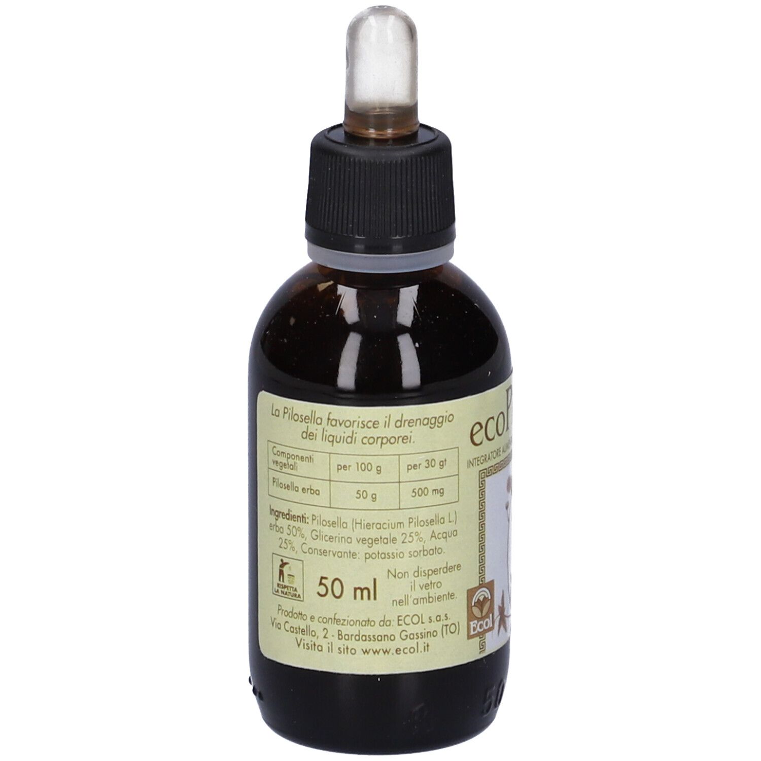 Retro del flacone di vetro marrone. Etichetta con informazioni sul prodotto, ingredienti e produttore. 50 ml.