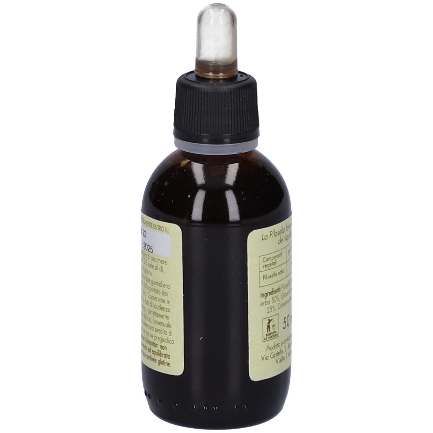 Flacone di vetro marrone con tappo nero e contagocce. Etichetta con informazioni sul prodotto. 50 ml. Vista laterale.