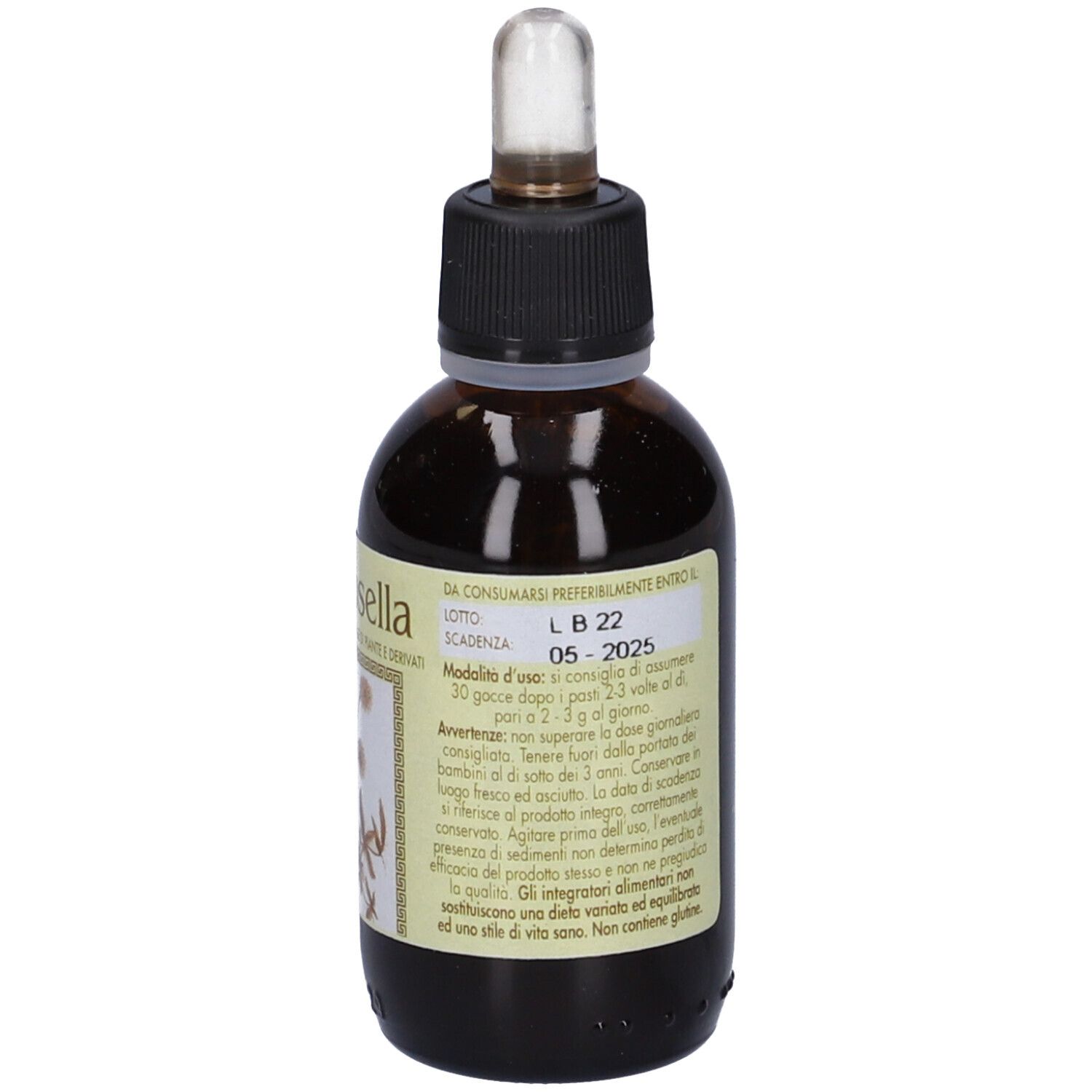 Flacone di vetro marrone con tappo nero e contagocce. Etichetta con informazioni sul prodotto, scadenza. 50 ml.