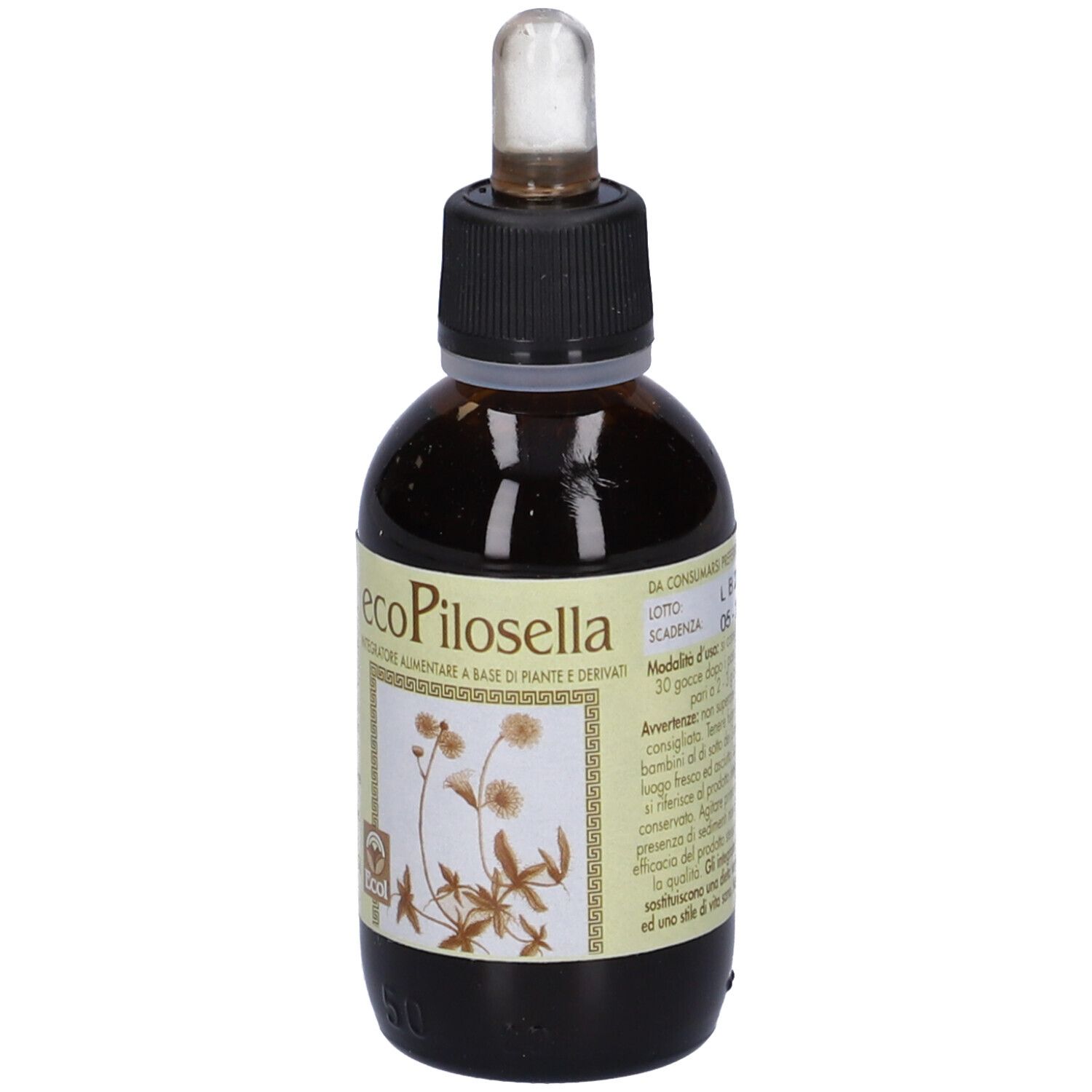Flacone di vetro marrone con tappo nero e contagocce. Etichetta con nome del prodotto e design floreale. 50 ml.