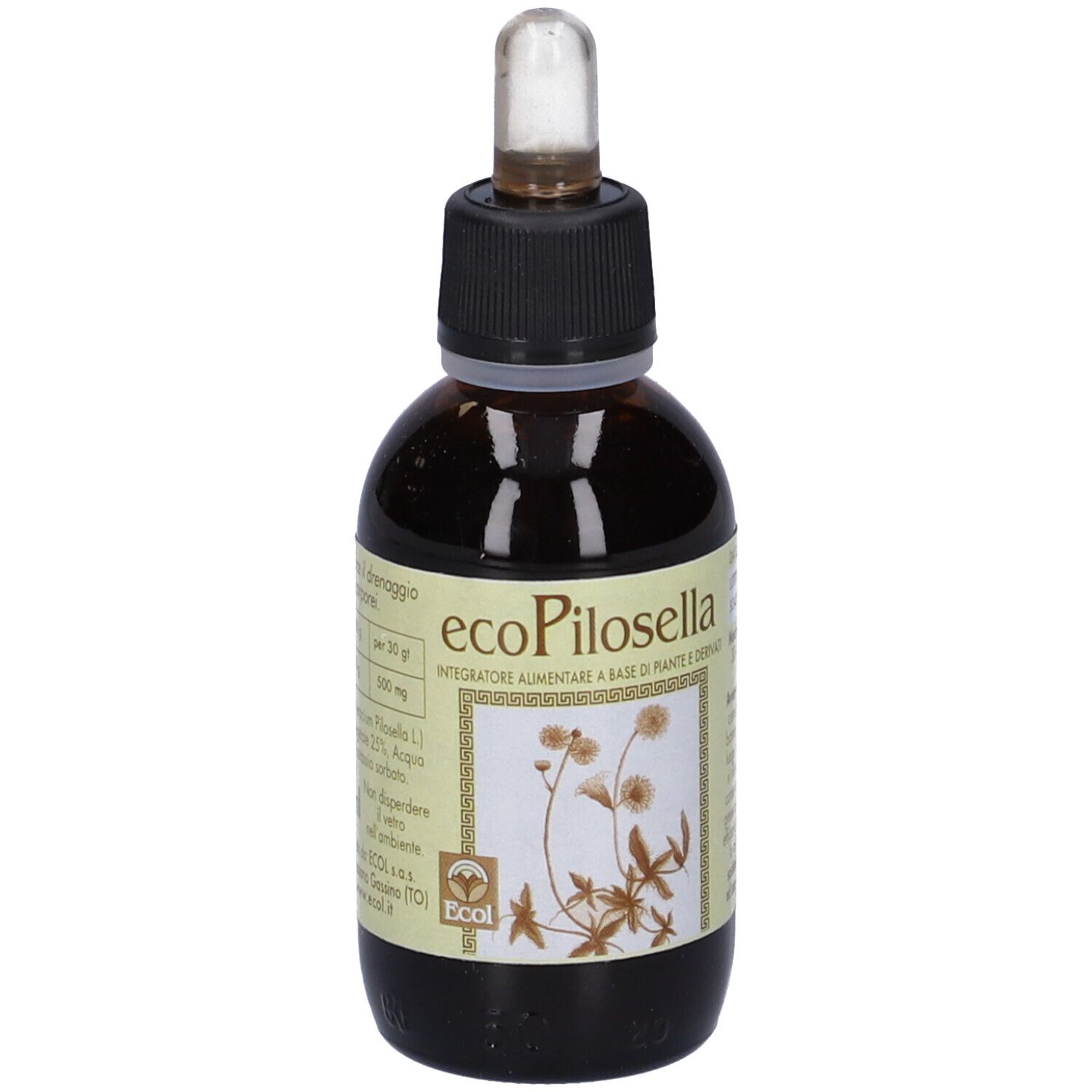 Flacone di vetro marrone con tappo nero e contagocce. Etichetta con nome del prodotto e design floreale. 50 ml.