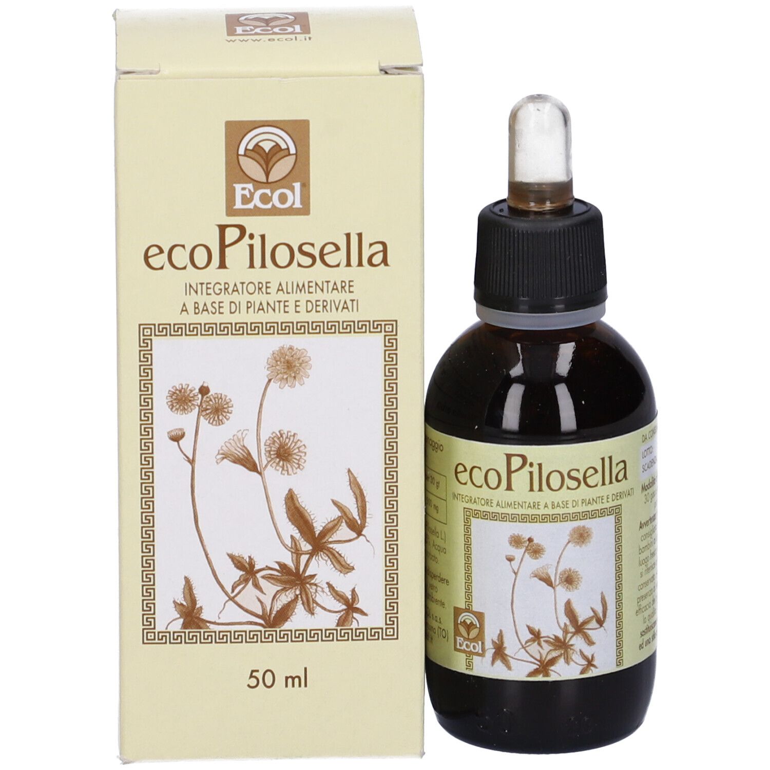 Flacone del prodotto accanto a una confezione rettangolare. Confezione con nome del prodotto, design floreale e 50 ml.