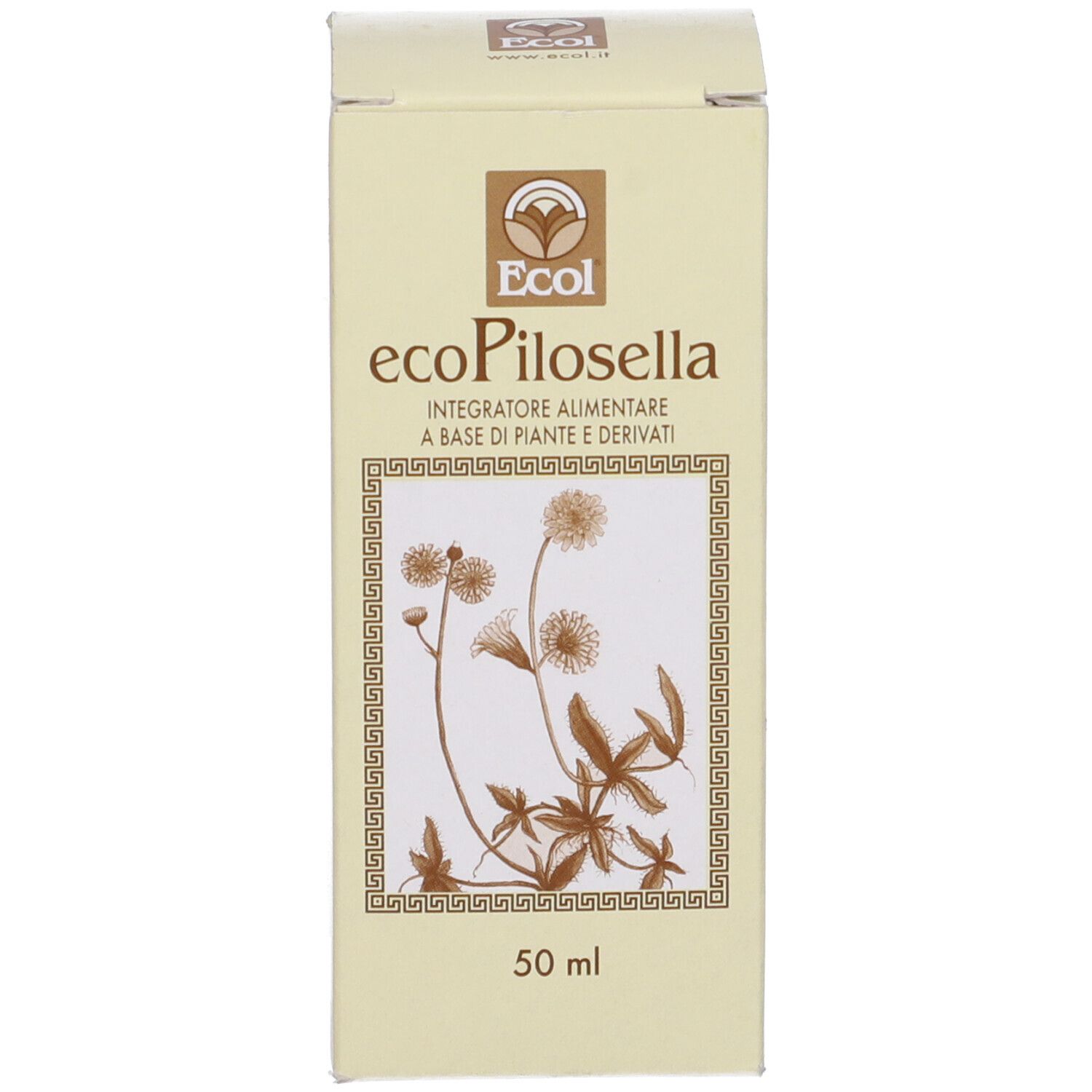 Confezione rettangolare con nome del prodotto, design floreale e 50 ml. Marchio Ecol.