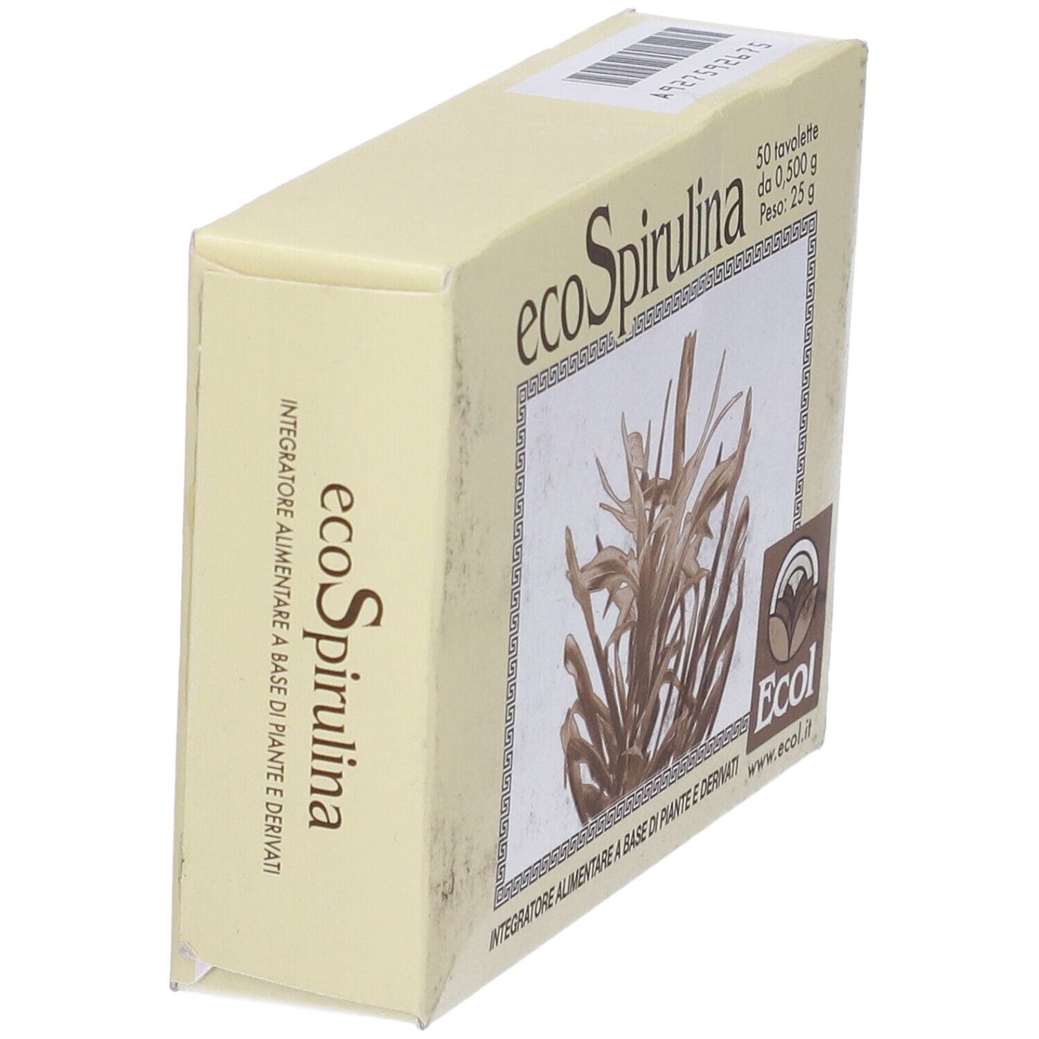 Scatola "ecoSpirulina" in prospettiva. Logo e nome del prodotto sulla parte anteriore. Logo ECOL e testo sul lato.