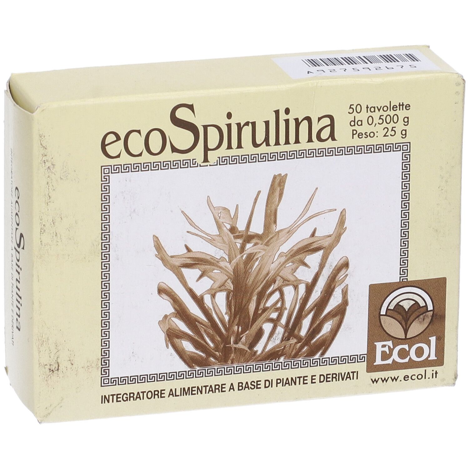 Scatola beige "ecoSpirulina" con logo e informazioni sul prodotto. Contiene 50 compresse. Logo ECOL in basso a destra.