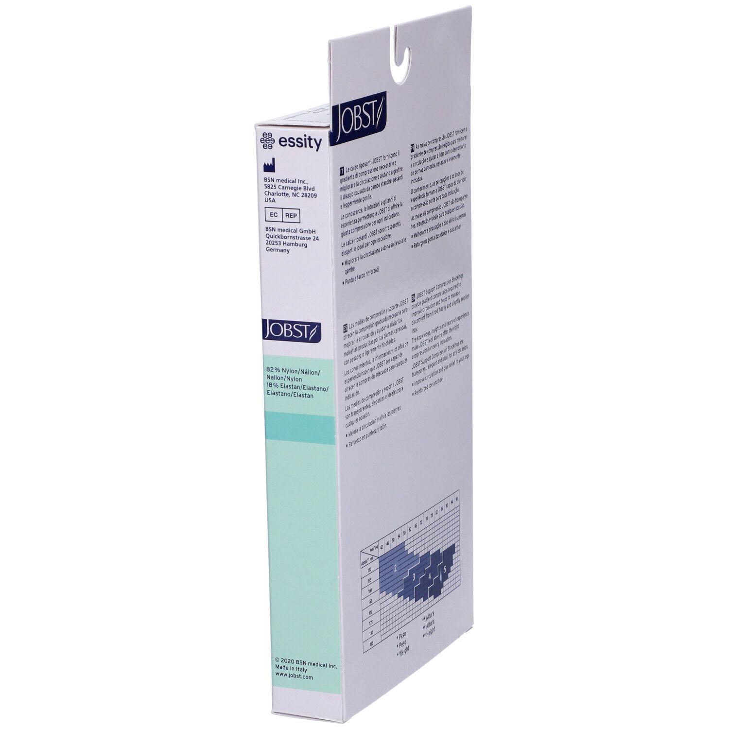 Lato della confezione Jobst. Testo: essity, logo Jobst, tabella taglie. Informazioni mediche.
