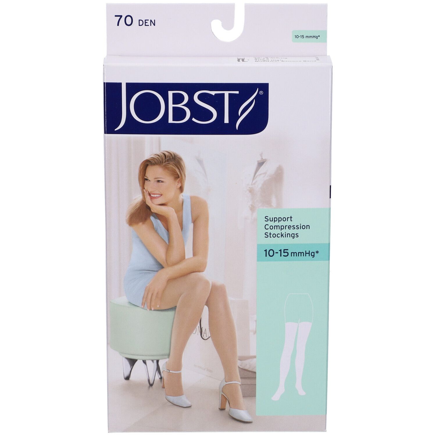 Confezione Jobst. Scritto: 70 Den, 10-15 mmHg. Donna seduta, indossa calze. Illustrazione delle calze.